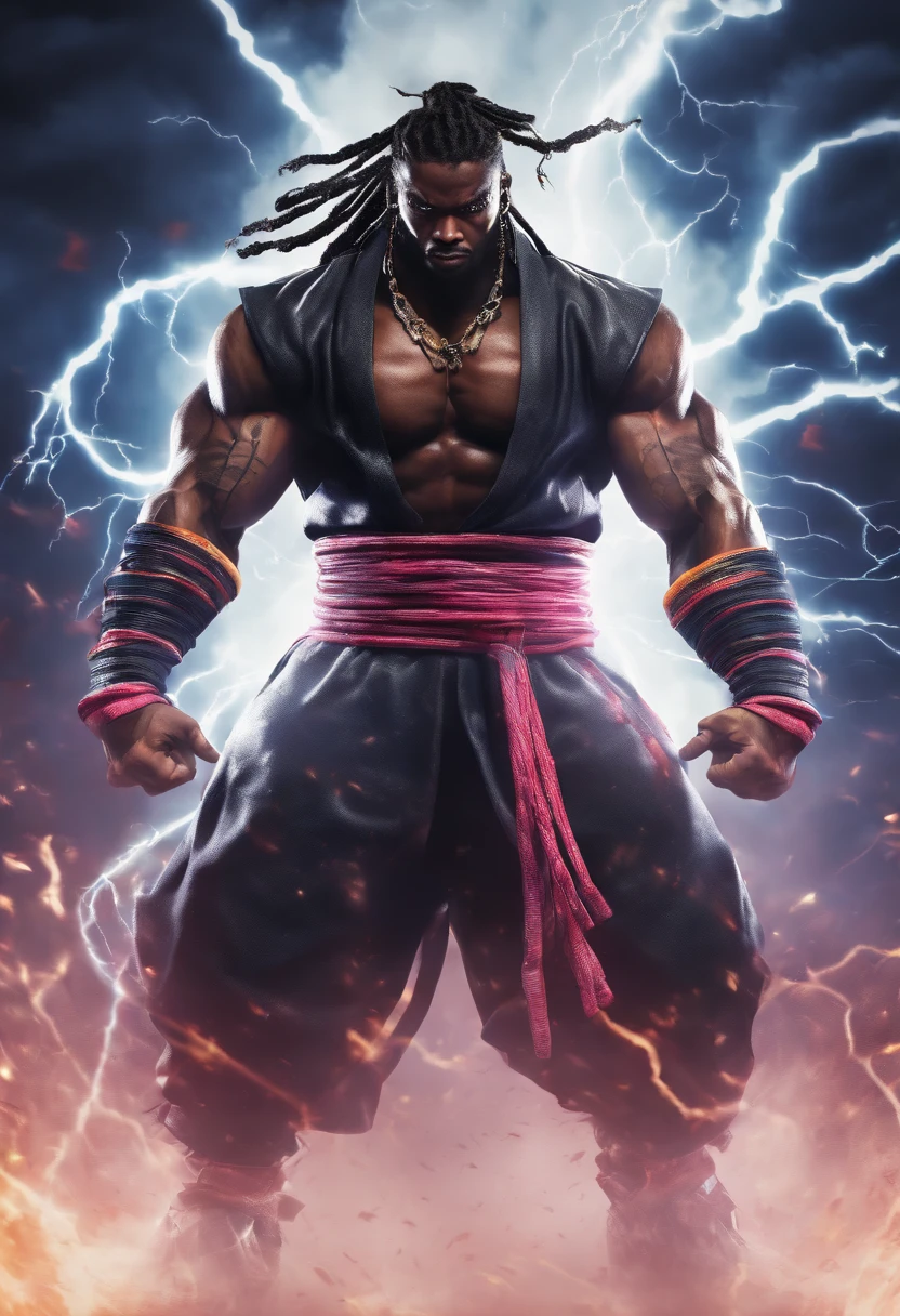realistic 3d rendering of black samurai with dreads and super powers emanating from him, surrounded by lightning, big muscular, full body photography, hyperrealistic