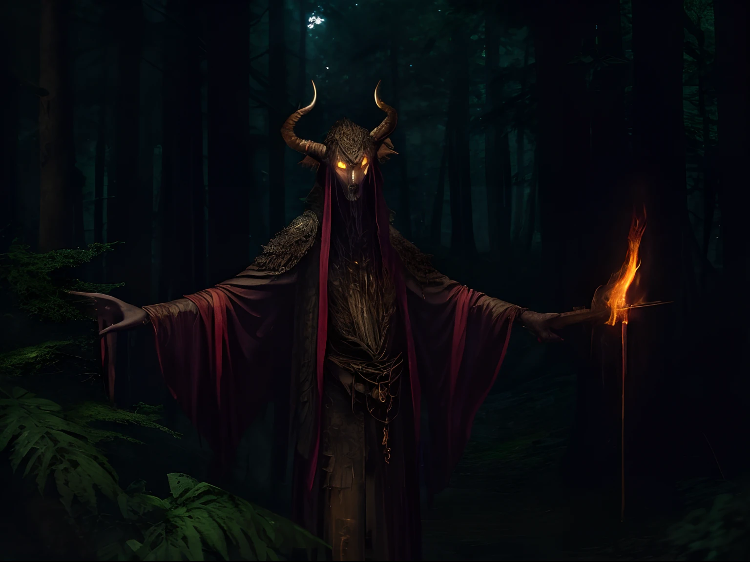 Tall, skinny, bark for skin, glowing eyes, hidden face, horns, long fingers, scary, forest, one hand is axe, not human, horror