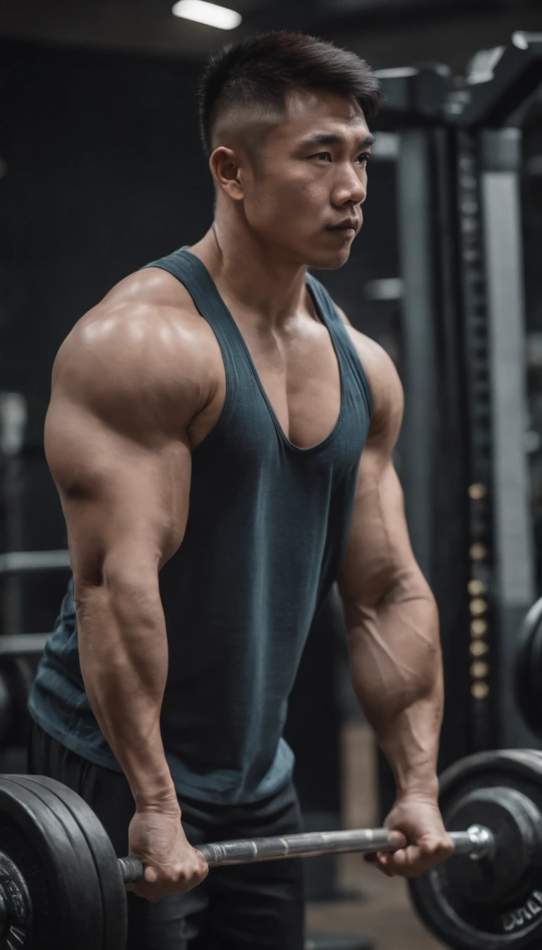 Asian Men's Gym , musculous, Height 190 cm, large shoulders, Large muscular feet, (Draw eye details), (hentail realism)，In a deadlift barbell