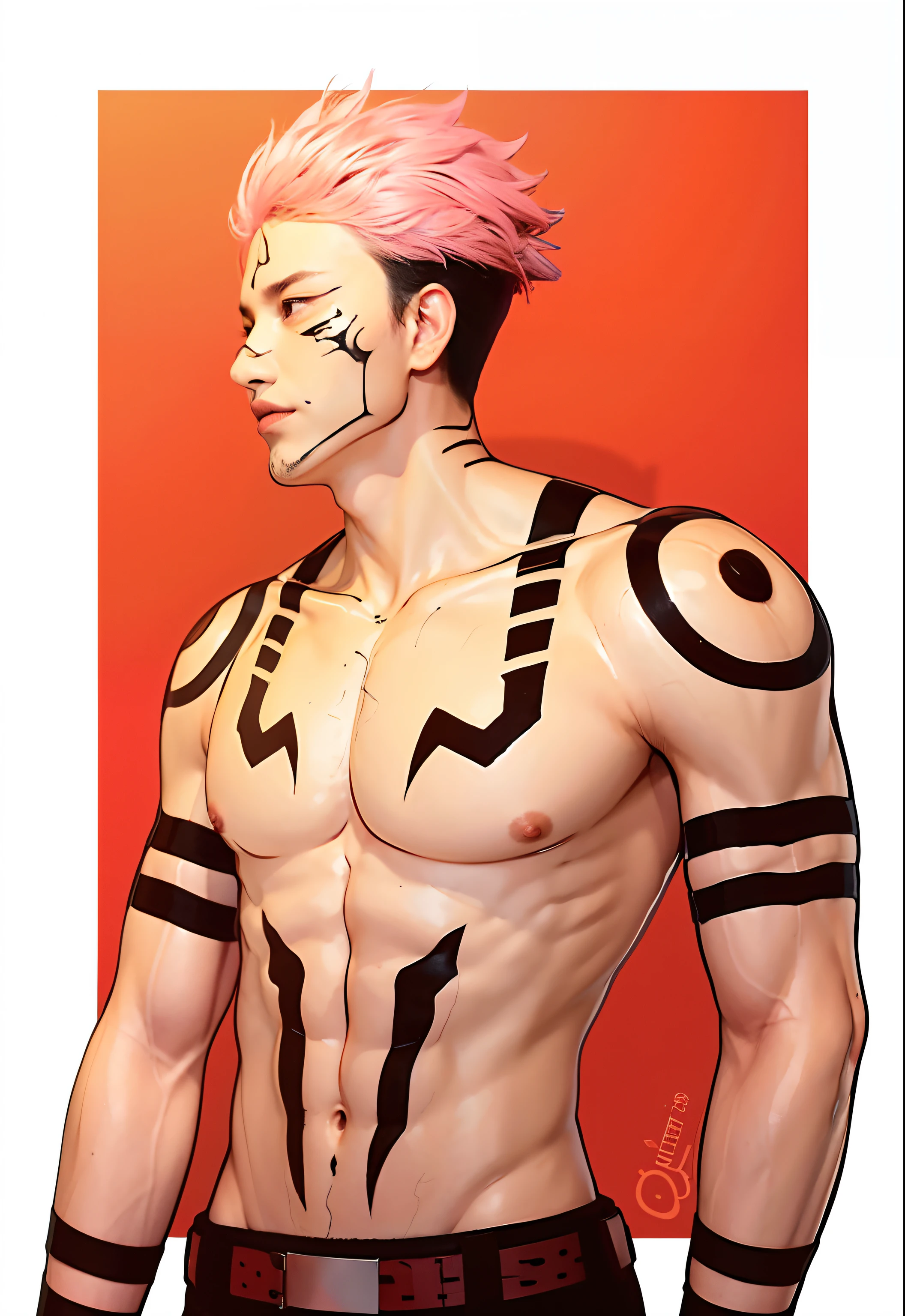 1 man , detailed face , ultra HD, 8K, pink hair, huge body, dessert background