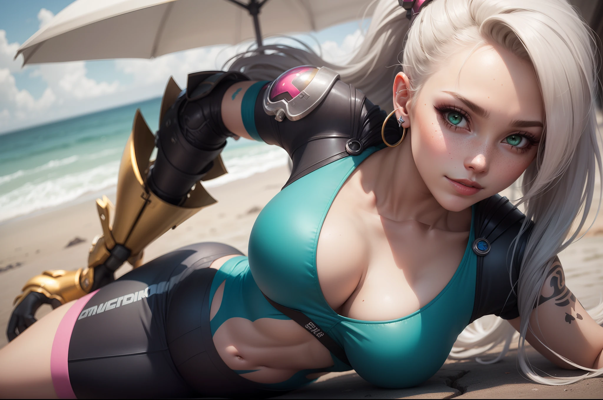 gwen tennyson,samus aran,mercy, 1girl,atelier ryza,overwatch,close up, mecha pilot,ocean view,tattoos,pink and silver plugsuit,white short sleeve lycra top,steel cargo pants,uncovered belly,super long saiyan ponytail hair,cute makeup,green eyes,dimensional golden hair,shy smile,freckles,beautiful girl,large breasts,8k,ultra detailed,realistic,fantasy art,saiyan armor,cyborg armor,steel armor,harbor shore,military uniform,ear piercings,hair pin,super saiyan girl,saiyan female,portrait close up,