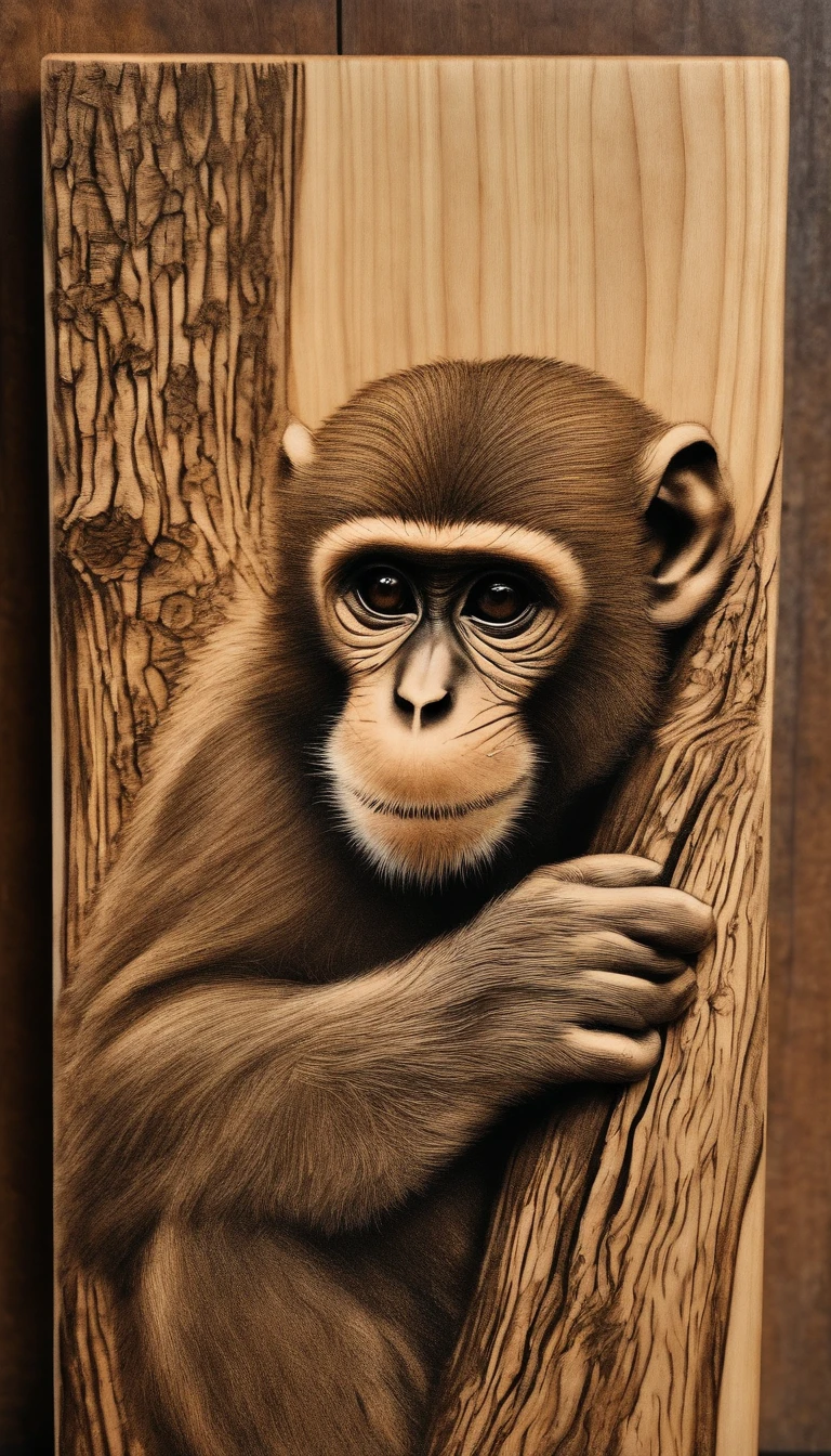Wood-burned, etched artwork. Can also make interesting wooden detailed objects: A Monkeys. 4 panels with different poses