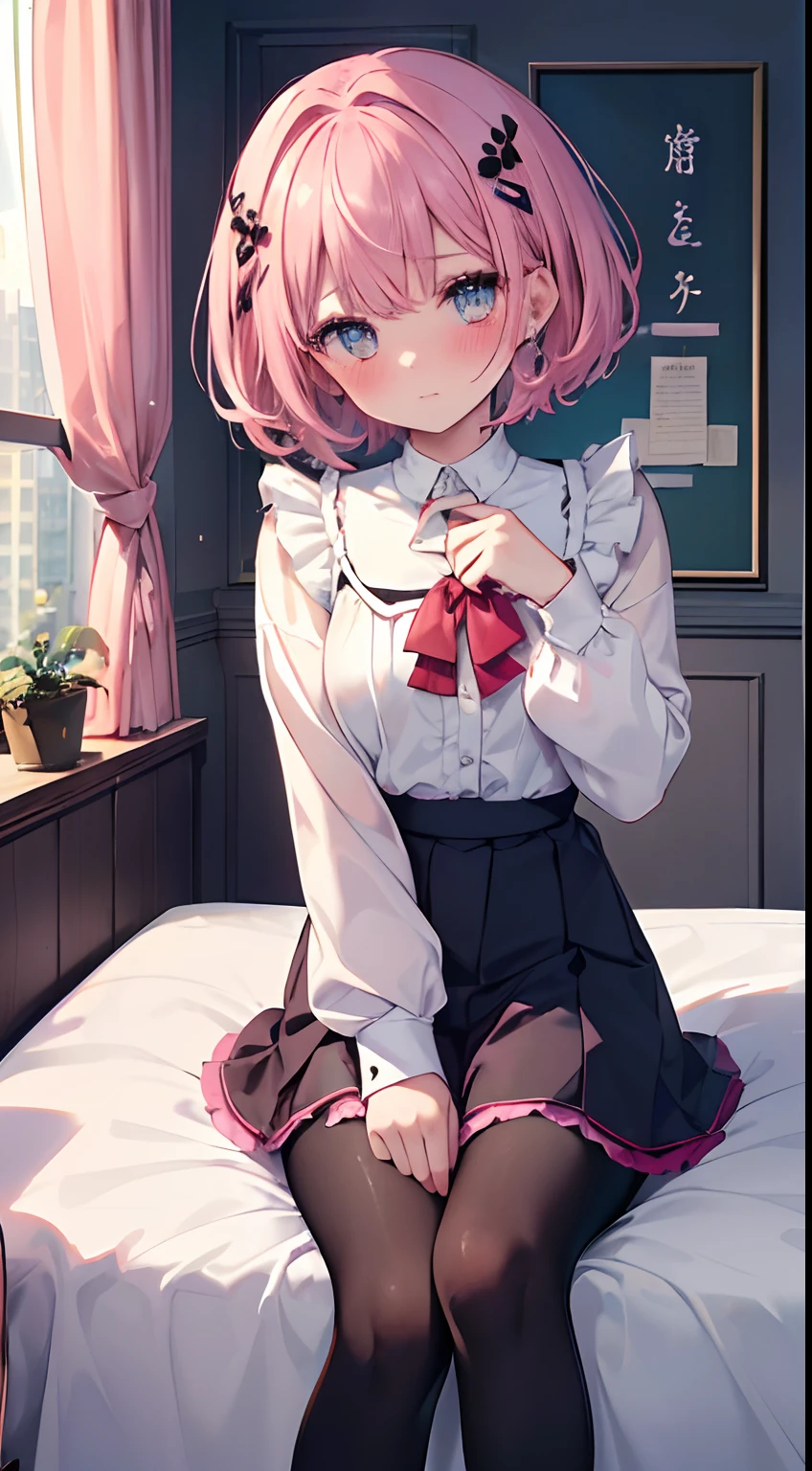 (top quality:1.1), (masterpiece:1.4), (nonsense:1.0), portlate, a close-up, 1girl in、Momovelia Deviluk、hair adornments、bob cuts、Short-hair pink hair、a black eye 、medium chest、((Puffy blouse))、looking at spectators、bedroom、(red blush:1.2)、embarrassed expression、((tights))、in beds、((all four))、((skirts fair))、((office worker))