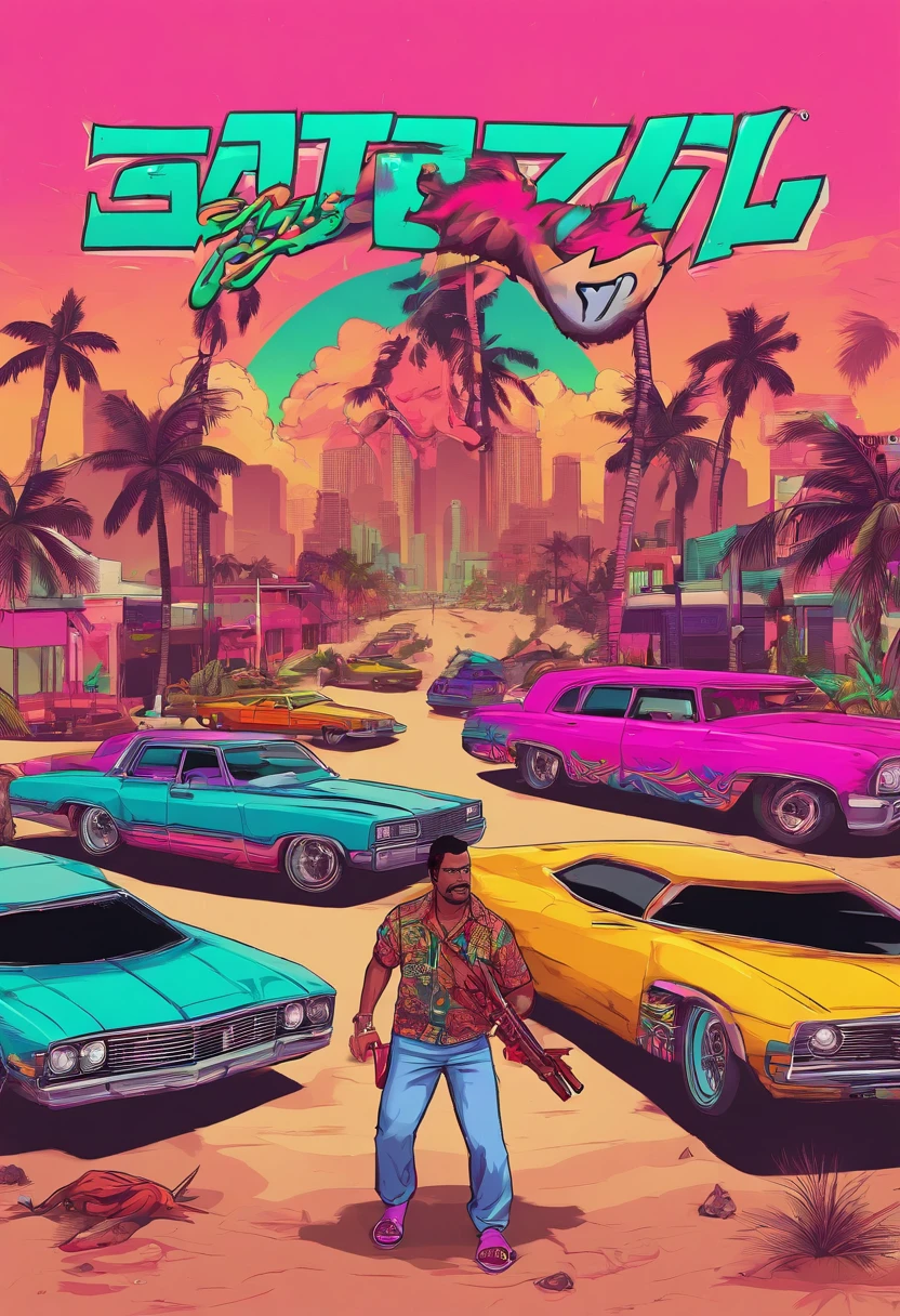 cartoon of a woman in bikinis standing next to a car, art gta 5 comics, gta art, style of gta v artworks, gta art style, gta vice city style art, gta vice city art style, gta loading screen art, gta artstyle, art gta 5 cover, 4k art, background artwork, gta v art, 2d art gta5 cover