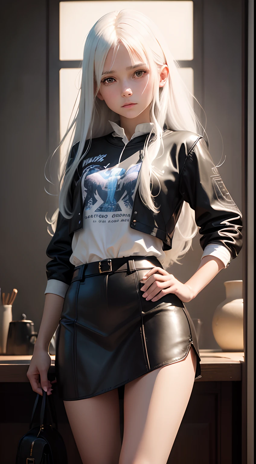 (Front Focus),(In the Dark:1.6), Hyperrealist portrait of female by david hockney and alphonse mucha,Fantasy Art, photographrealistic, Dynamic lighting, art stations, poster for, Volumetric lighting, extra detailed face, 4 k, awardwinning,, 1girl in,tiny chest, In the Dark, deepshadow, lowkey,Cowboy Shot,(official clothing:1.4) ,Long hair,White hair,thin ankles,Skinny Legs,Leather skirt,