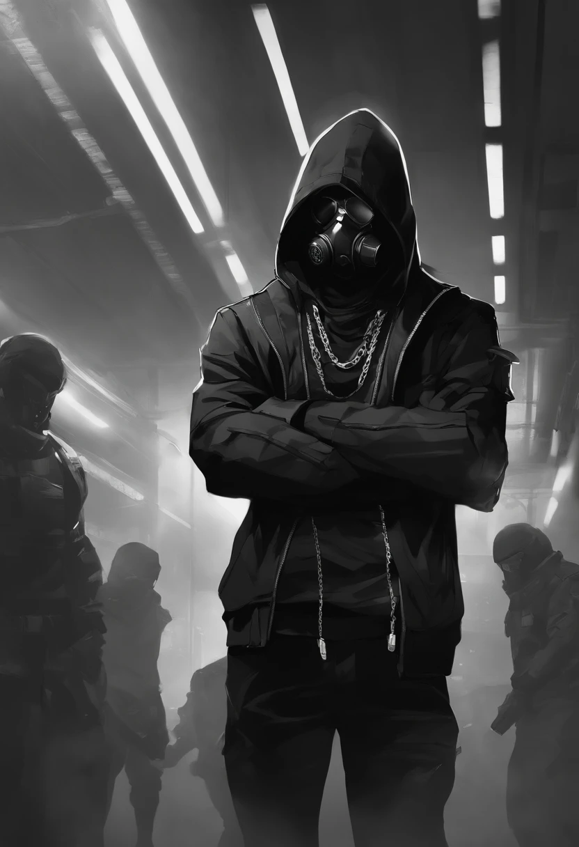 1man,chains,cyberpunk mask,black clothing,gas mask,badass,cool,muscular,cyberpunk,hoodie,shinkawa youji,monochrome,greyscale,male focus,simple background,intimidating,dark skinned male