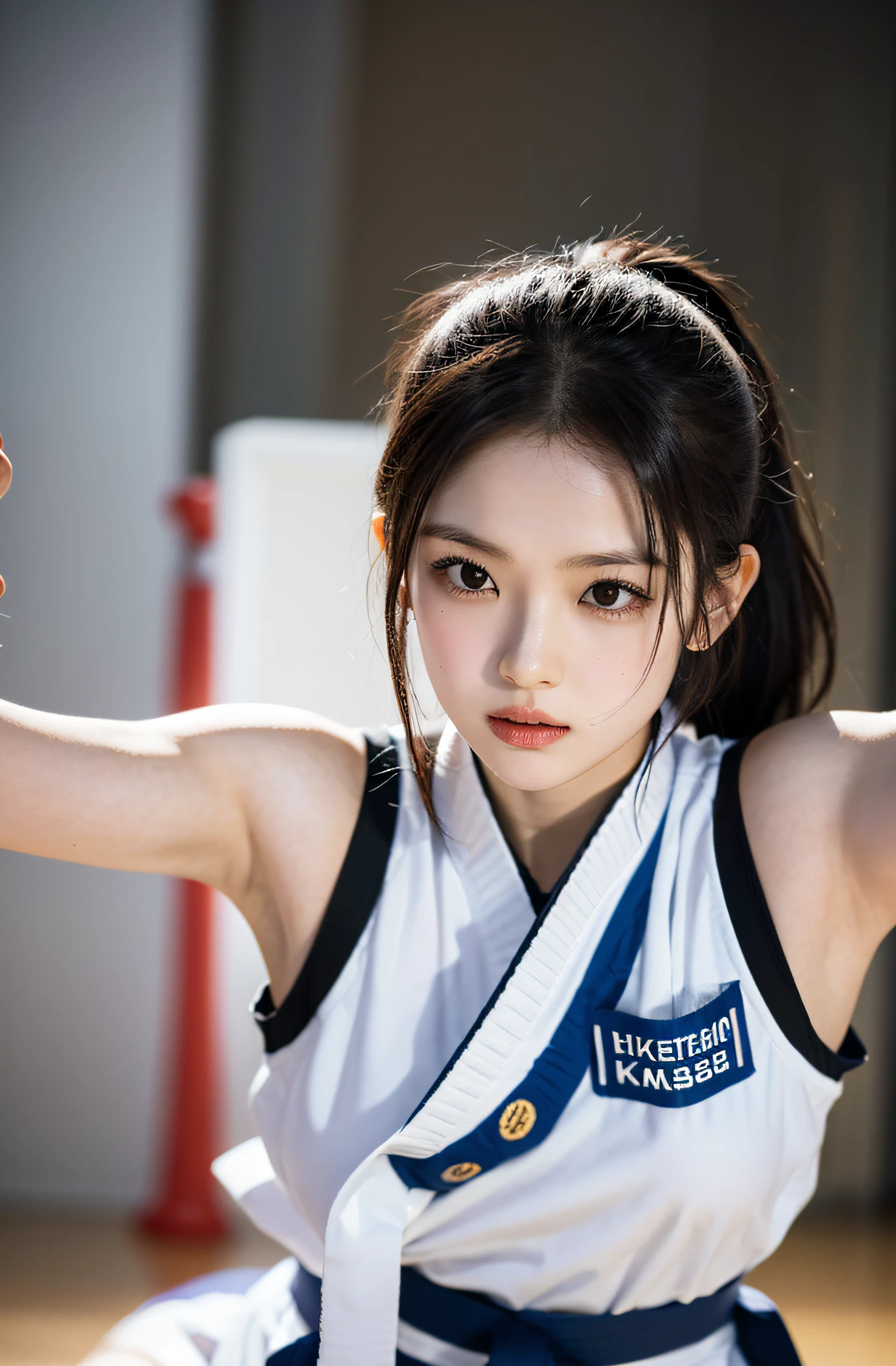 Content: Solo Idol, Eri Kamei from Morning Musume, Dressed as a karate player, In karate uniforms, Black belt, Showing off a cute and beautiful figure in the form of big breasts. She is engaged in a sparring match with another karateka, Emphasis on serious facial expressions and dynamic movements.
Medium: Photography.
Style: Ultra-realistic, High contrast, nffsw, Vivid and rich colors.
Lighting: Shine a strong spotlight on a subject with a slight shadow behind it, Highlight the intensity of the match.
Colors: Natural tones centered on the white of the karate uniform and the deep black of the belt.
Composition: Canon EOS 5D Mark IV DSLR Camera, EF 85mm f/1.8 STM lens, Resolution 30.4 megapixels, ISO sensit: 100, Shutter Speed 1/125 sec, Depth of field to capture every detail of the action.
--ar 16:9 - V5.1 --Style raw --Q 2 --S 750