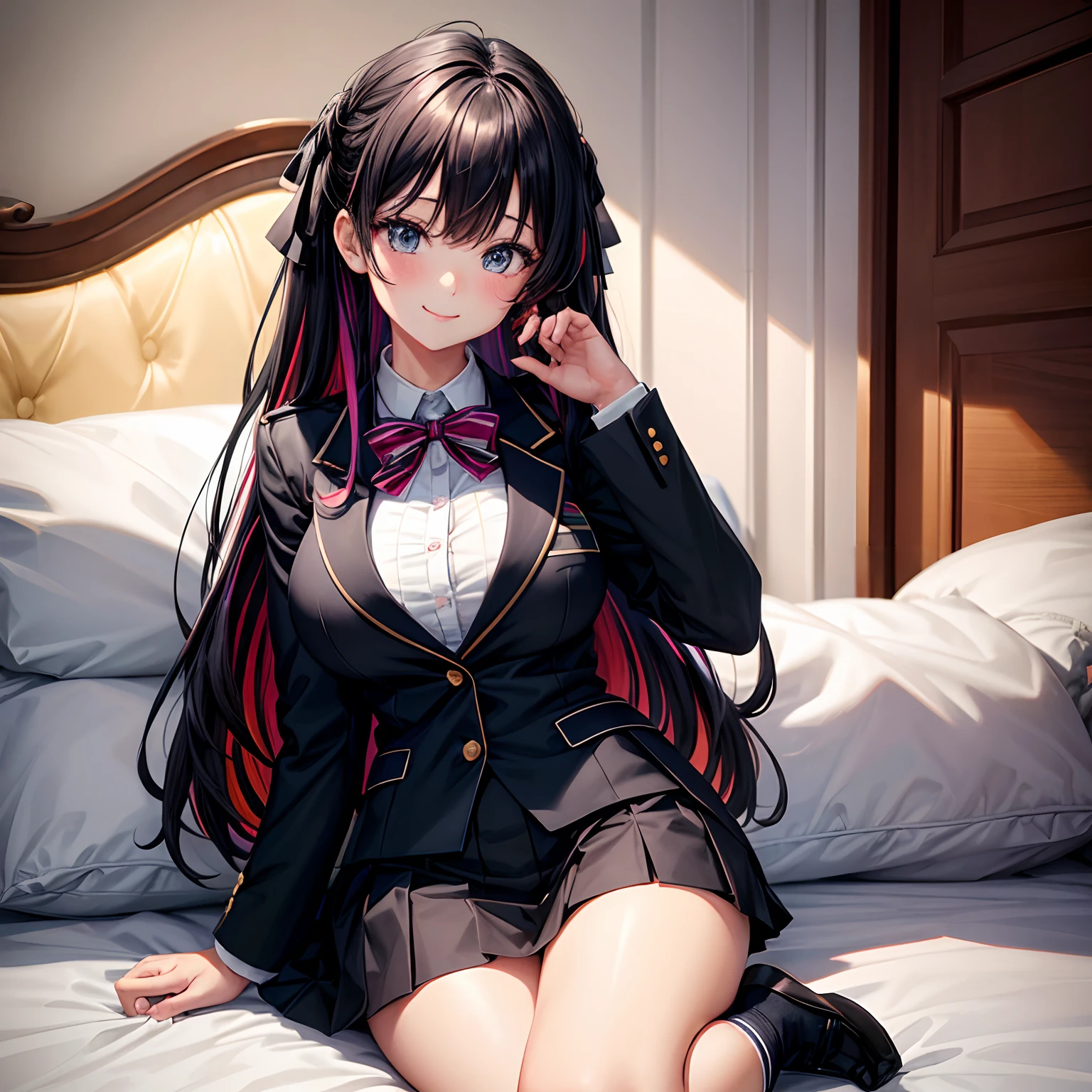a beauty girl,girl with,a smile,Cute blazer in black uniform,Ribbon on uniform、top-quality,masterpiece,huge tit,超A high resolution,Multicolored hair,Excellent style,Perfect facial features,a beauty girl,modeled,girl,Long,masterpiece,a bed,Loose Socks,