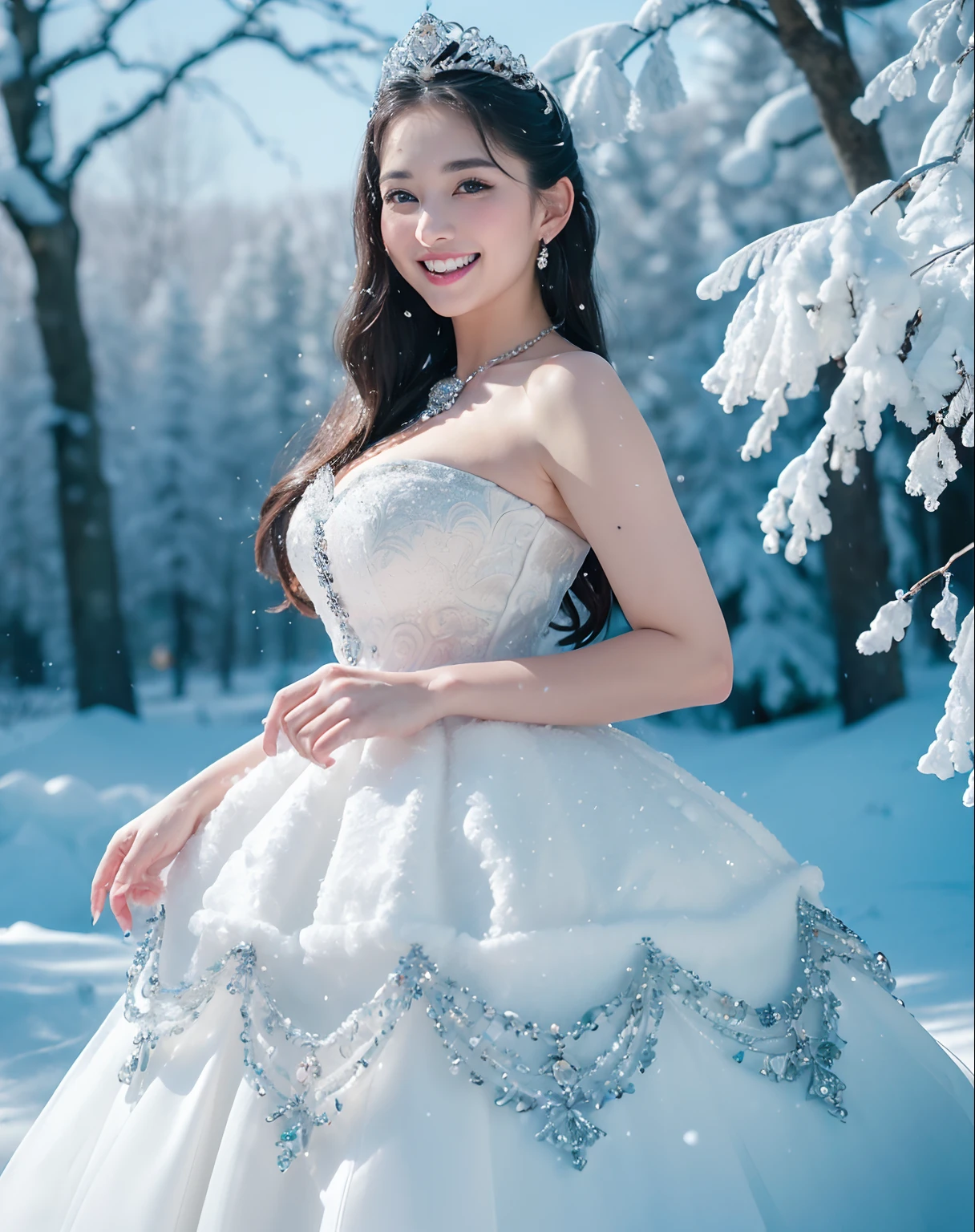 ((snow woman,Snow Princess,Princess of the Japan,snow mountains,during daytime,Phenomenally cute,goddess of Japan, large full breasts,Snow-white skin,glistning skin)),((Dresses that shine in silver,Elegant and beautiful dresses,Elegant décor,Diamond Decoration,Sparkling tiara,artistic décor,Snow white dress、Princess Dresses,Jeweled dresses,Dresses with a large amount of jewelry,Luxurious necklace,Luxury beyond imagination,The most gorgeous decorations in the world, ),((Trees covered with snow々,lots of trees,snow mountains,Shining snow,Shining blizzard,Fantastic snowscape,Snow like a jewel,Diamond Dust,The most realistic and complex backgrounds,the complex background,Highly detailed and realistic backgrounds)),(((See the perfect camera here,Big smile,Clean teeth,perfect teeth,White teeth,finerly detailed face,Quality and beautiful face,Clear and beautiful face,Perfect gas chamber,Perfect fingers,Perfect hands,Accurate 5 fingers)),Top image quality,8K,SLR Camera Photography,professional photograpy,Realistic quality