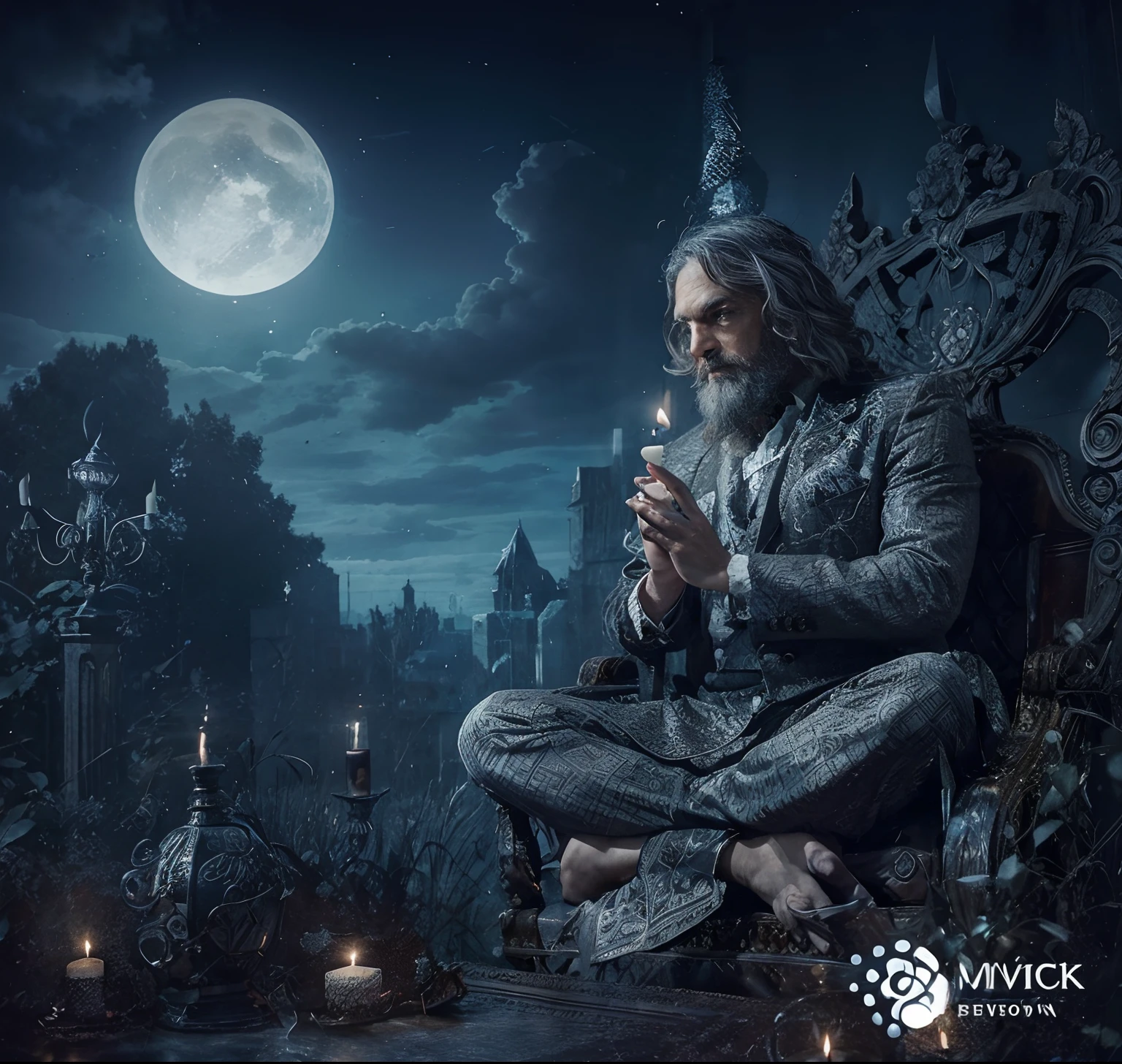 Benjamin is a middle-aged man with slightly gray hair and combs back.. His eyes are dark blue and expressive., Convey wisdom and nostalgia. He has a trimmed beard and a soft smile on his lips.. Wear an elegant gray suit., He conveys sophistication and professionalism.. Sit on an antique armchair., He leaned slightly forward as the candlelight created a mysterious shadow on his face..
