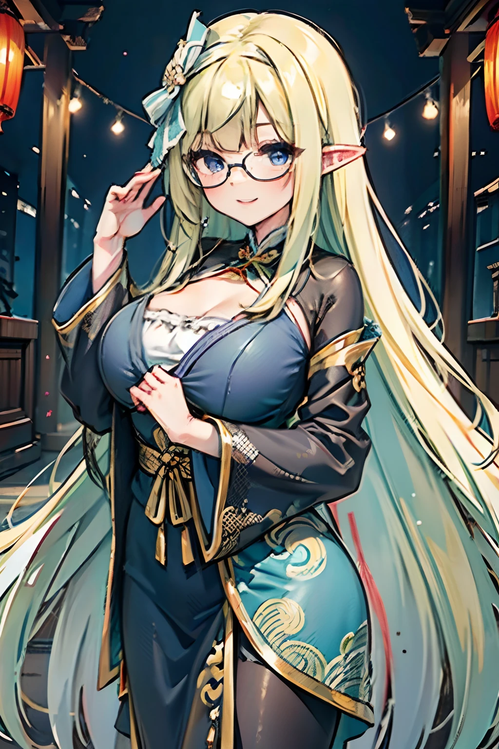 Mature anime beauty,Dark blue plain robe,Dark blue plain suit, detailed long blond hair, Long-haired, A flowing robe, cabellos largos dorados, cabellos largos dorados, Long flowing hair, Anime girl with long hair, Simple dark blue robe，Dark blue hanfu，Perfect body elf woman，elvish ears，Background of ancient Chinese architecture，Ancient Chinese architectural background，Bust，sideways standing，Tai Chi pattern，Gossip mode，Glasses，Mature woman，Yin and Yang fish pattern，Look to the lens，A bad smile，leaning against pillars，Huge bust，Oversized breasts，Unbelievably huge，blue color eyes，Jewel-like blue eyes