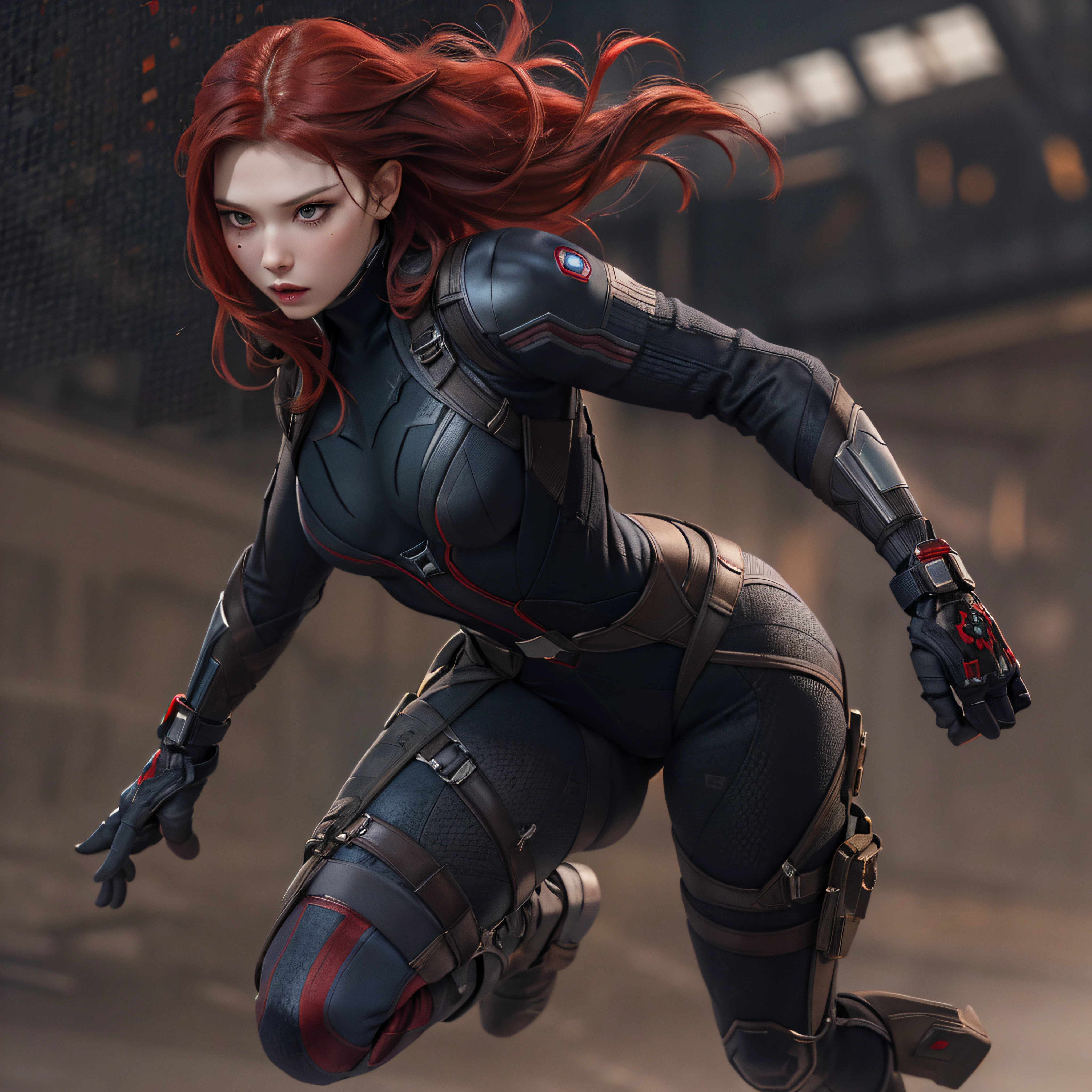 1girl, masterpiece, best quality, 8k, detailed skin texture, detailed cloth texture, beautiful detailed face, intricate details, ultra detailed, Black Widow in the style of the Captain America, straight red hair, dynamic pose