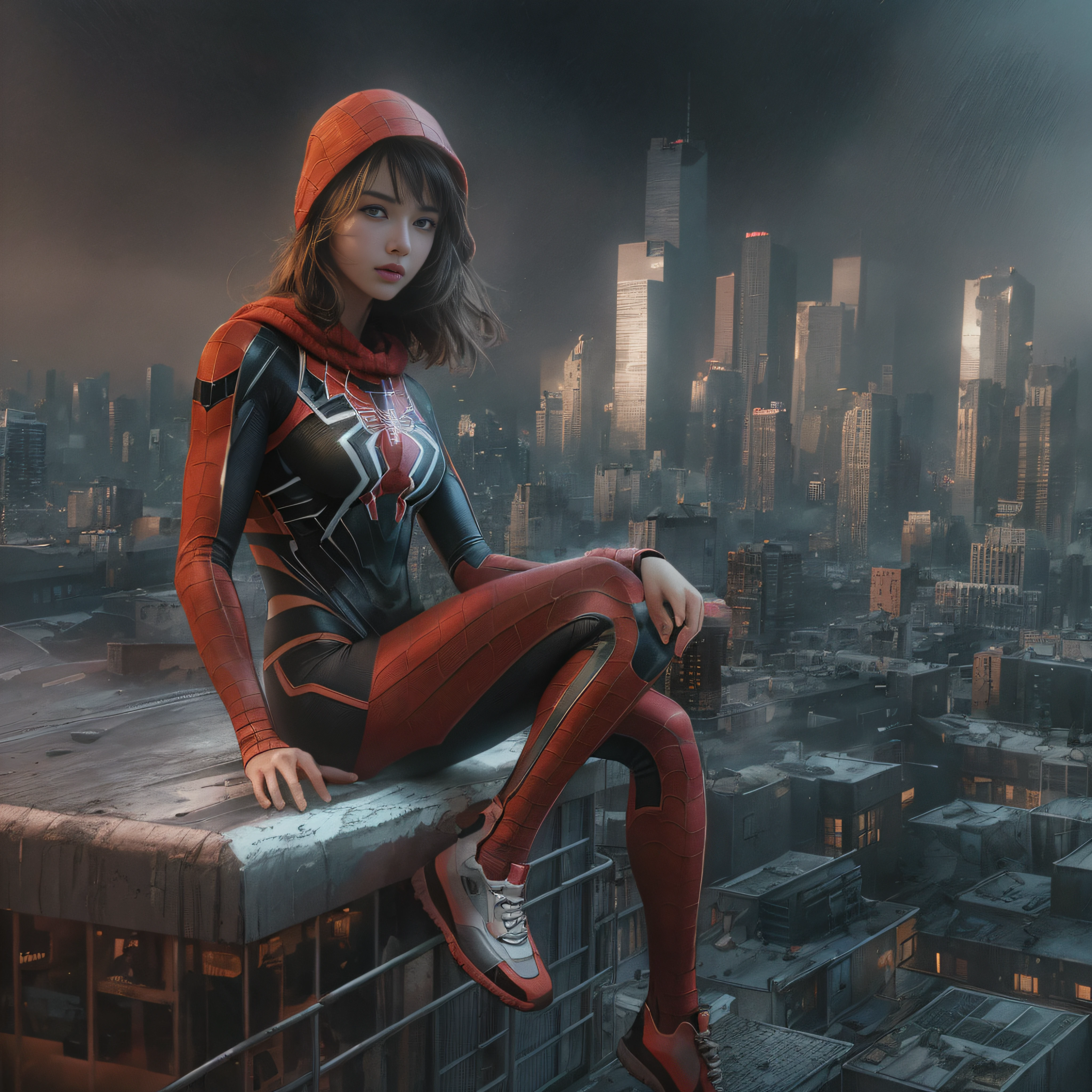 (1girl:1.3), Solo, (((Very detailed face)))), ((Very detailed eyes and face)))), Beautiful detail eyes, Body parts__, Official art, Unified 8k wallpaper, Super detailed, beautiful and beautiful, beautiful, masterpiece, best quality, original, masterpiece, super fine photo, best quality, super high resolution, realistic realism, sunlight, full body portrait, amazing beauty, dynamic pose, delicate face, vibrant eyes, (from the front), She wears Spider-Man suit, red and black color scheme, spider, very detailed city roof background, rooftop, overlooking the city, detailed face, detailed complex busy background, messy, gorgeous, milky white, highly detailed skin, realistic skin details, visible pores, clear focus, volumetric fog, 8k uhd, DSLR, high quality, film grain, fair skin, photo realism, lomography, futuristic dystopian megalopolis, translucent ,