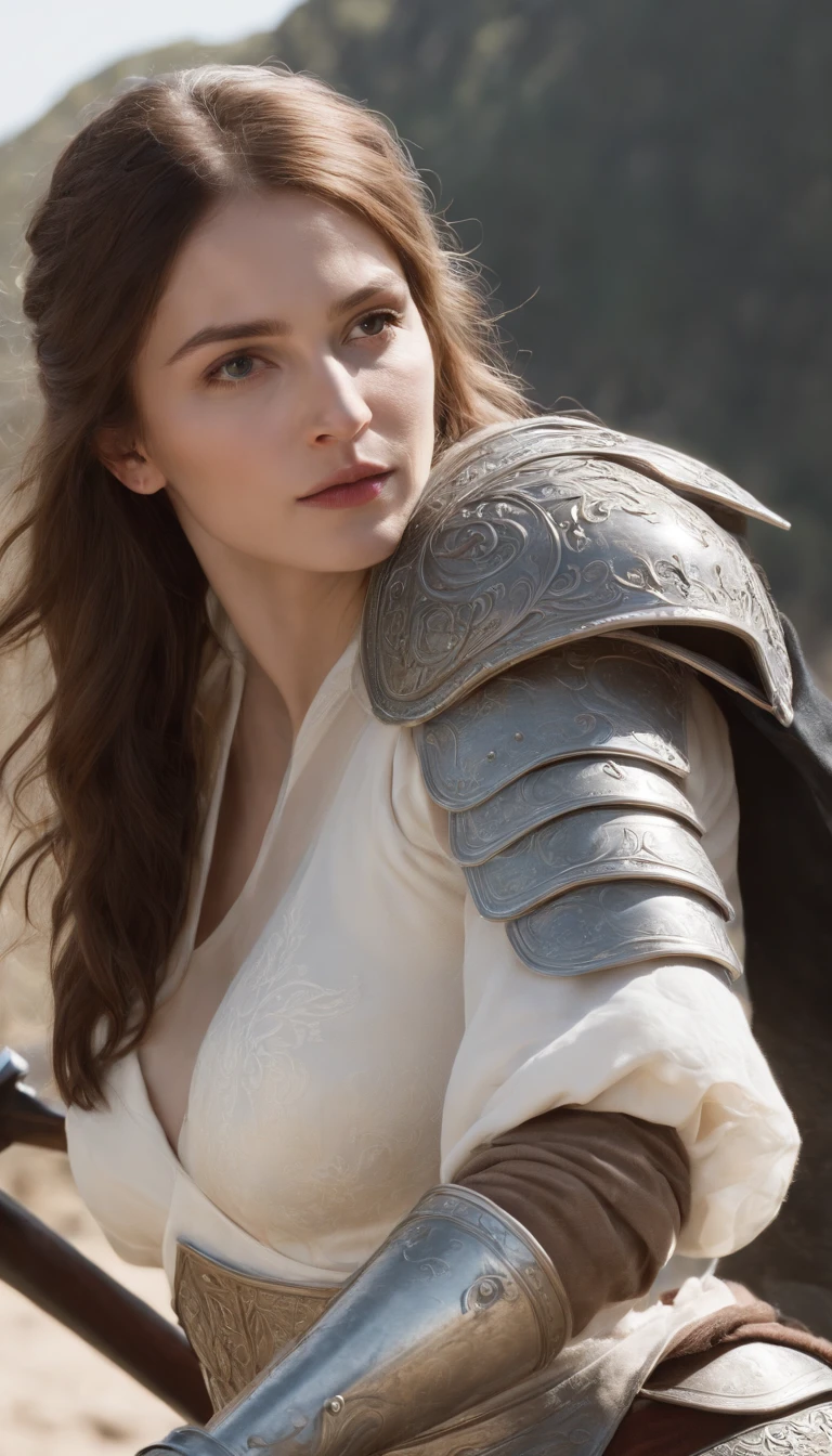 ((masutepiece)), (((Best Quality))), ((Ultra-detailed)), ((Illustration)),[Realism Light Effect],Shadow,Woman knight，s Armor，huge sword，noble，shining with light，(white backgrounid:1.5)