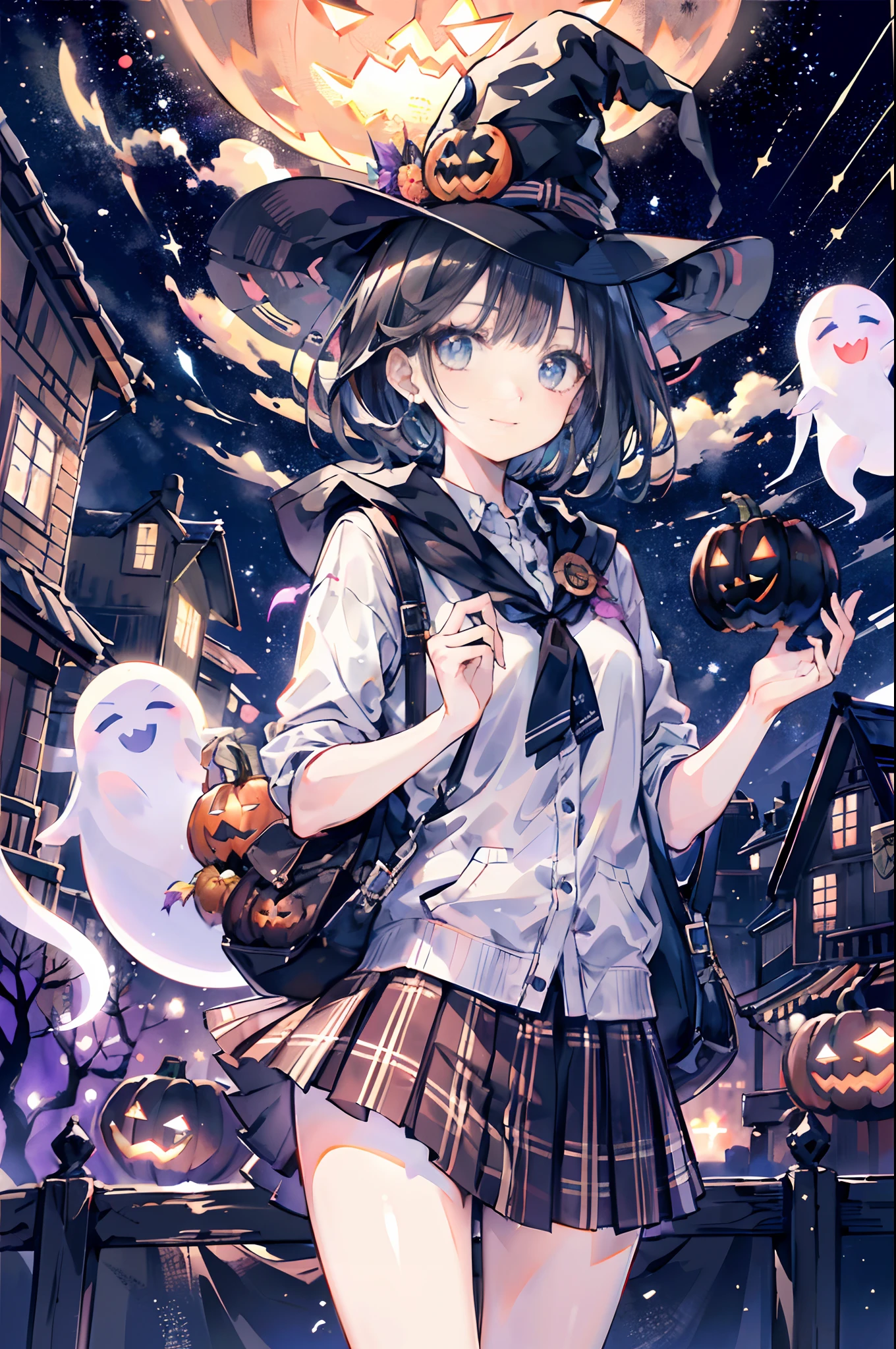 (top-quality、in 8K、32K、masterpiece、nffsw、超A high resolution、Impresionismo、Photorealsitic:1.2)、cowboy shot、foco nítido、detailed faces and eyes、(Tokyo at night、Halloween Decorations、The ghost is flying、Ghost pumpkin、Very colorful、Brightly colored sky:1.2)、(Very colorful night sky、Colorful ghosts flying in the sky)、Sharp pupils、Realistic pupils、beauitful face、blurry backround、18 year old beautiful girl、shinny skin、Bery short hair、Beautiful dark brown hair、Blunt bangs、Dark blue eyes、Wizard Hat、cloaks、Shirt、Halloween tie、Plaid miniskirt、Black socks、(Holding a skirt in your right hand、Lifting skirt:1.3)、(Raise your left arm)、(Happy expression on face:1.2)、dynamicposes