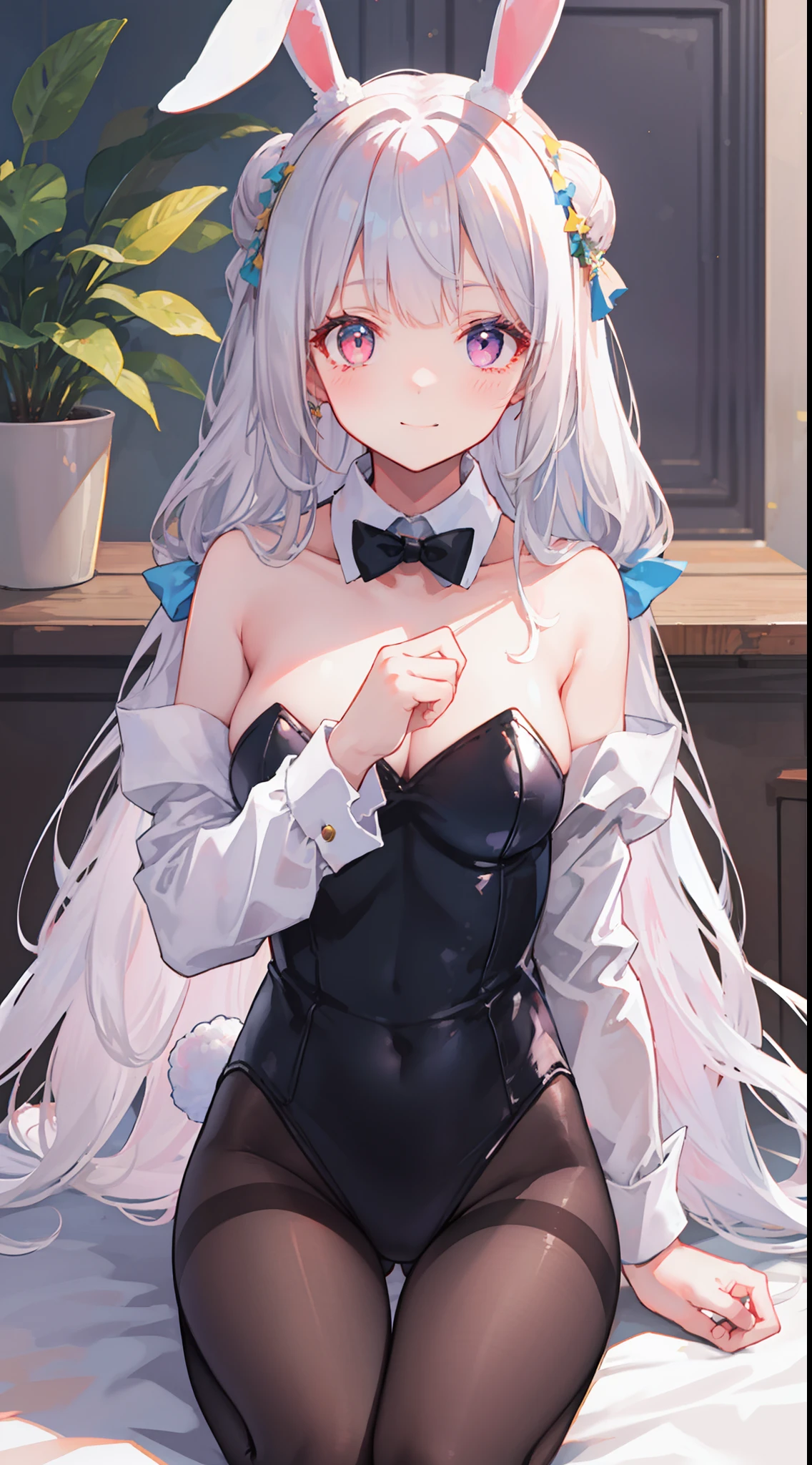 Light smile, 8K, Best quality, white long hair,black pantyhose,bunny girl clothes.