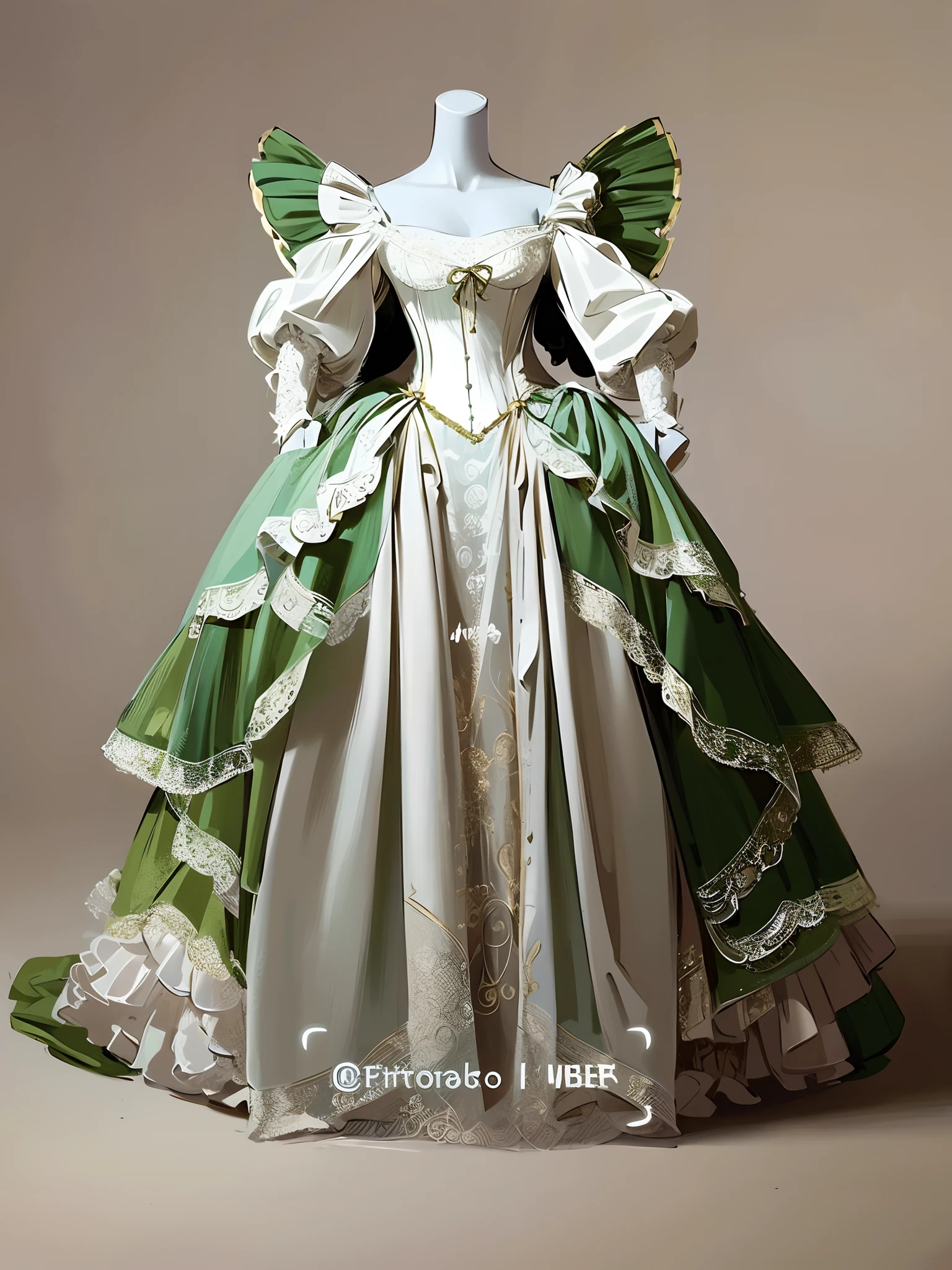 Full body like，Two-dimensional style，style of anime，Close-up of dress on mannequin in green and white dress, Victorian dress, historical baroque dress, intricate victorian dress, Rococo dress, victorian style costume, dress in the style of rococo, dreamy dress, high quality theatre costume, victorian inspired clothing, baroque dress, costume design made with love, rococo ruffles dress, Pair it with Victorian outfits