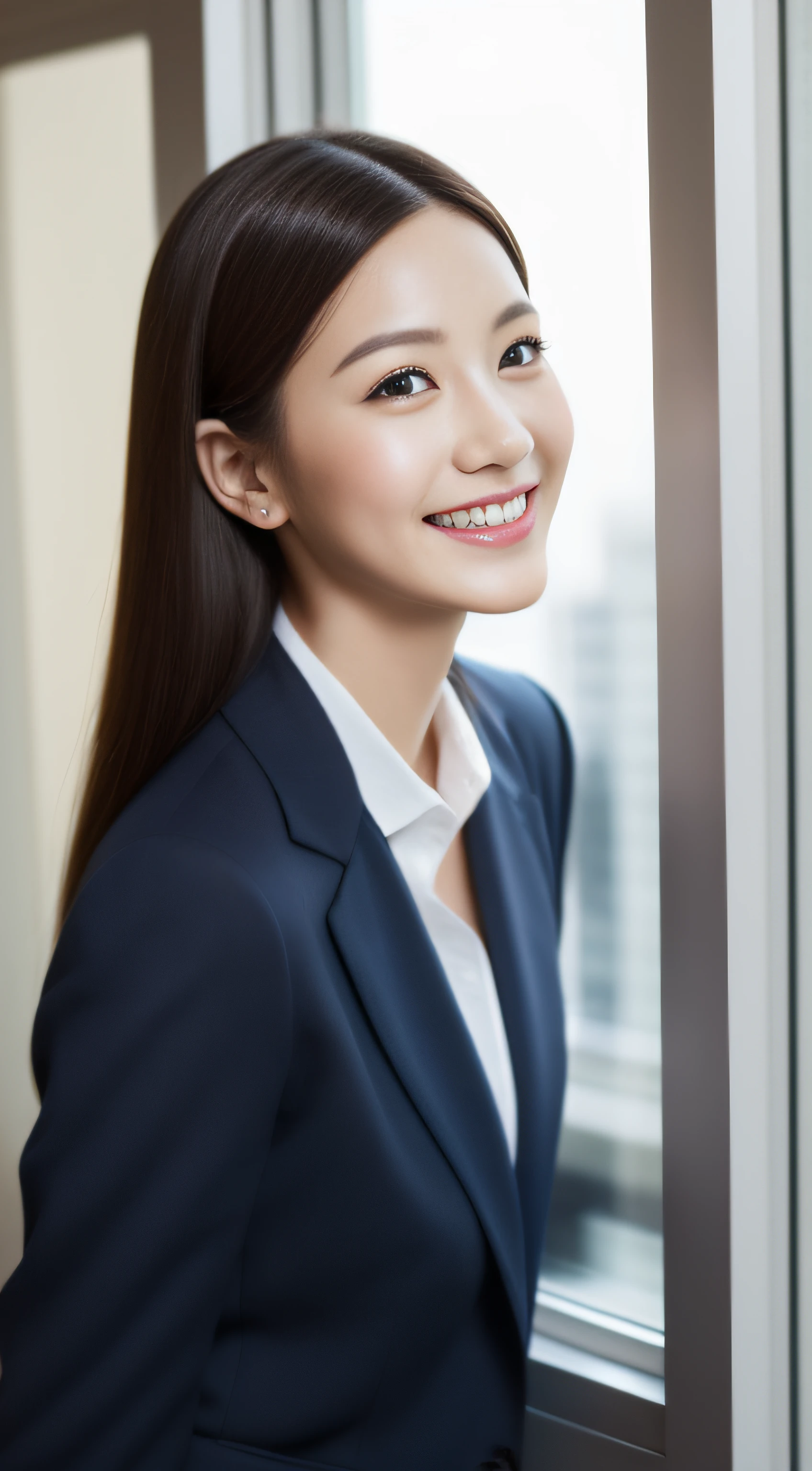 The face is a hostess、The clothes are navy blue business suits high quality、A hyper-realistic、healthy、Smiling expression、Slender perfect figure、Japan beauties、beautidful eyes、face perfect、Beautiful skin、from side、Background is an office on a high floor、by the window