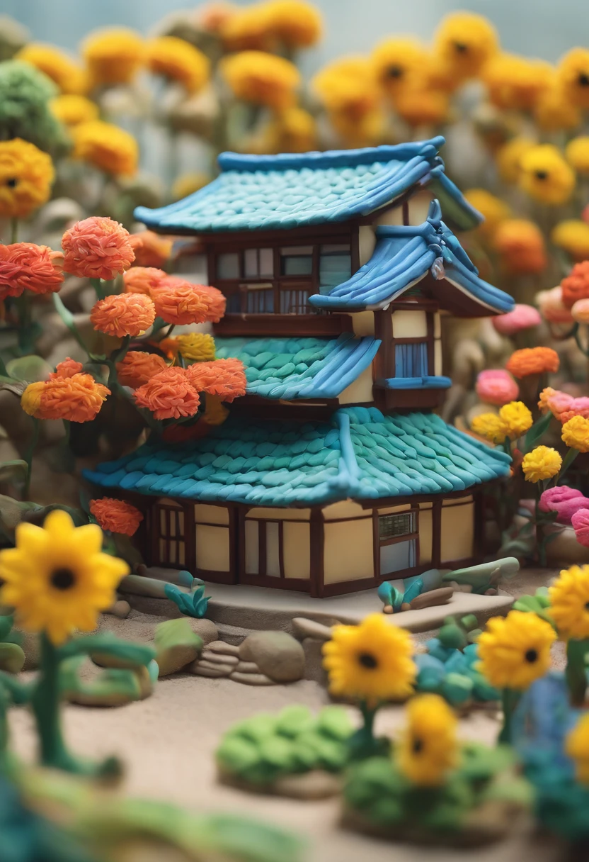 a traditional Japanese home, the garden is full of sunflowers, clay material, cartoonish design style, waters nearby, soft lighting, smooth lines, tilt-shift lenses, detailed science fiction illustrations, hyper-realistic details, cool colors