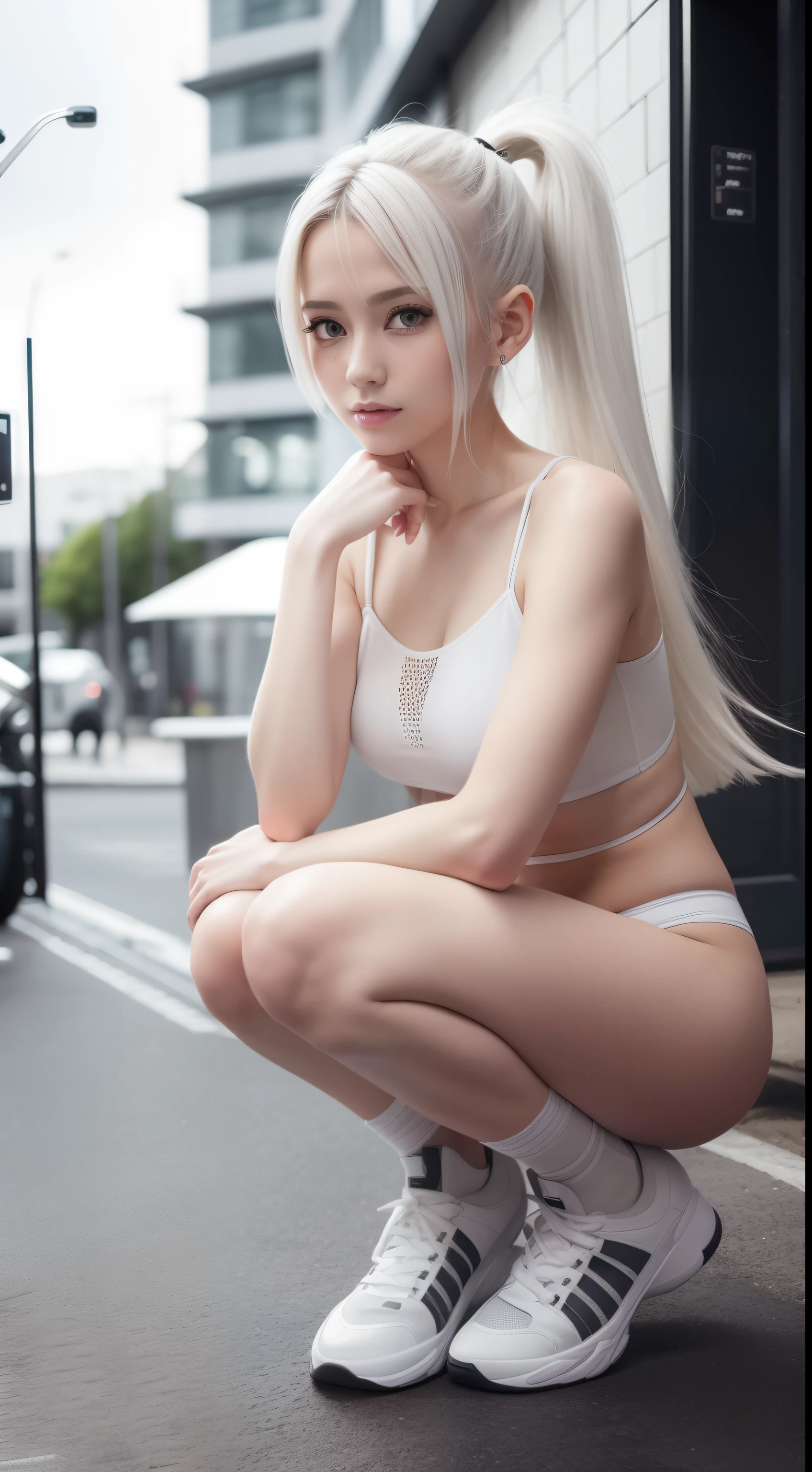 White-only base, Black and gray(Futuristic Nordic city),20 years girl,masutepiece , Best Quality,The best illustrations(Soft texture),Nahida(GenshinImpact) ,very slender body,tiny chest,Skinny Legs,Long hair ,Side Ponytail, Hair Ornament ,Street,White hair , White hair , hand behind head:1.5,multicolored hair, elf ,Skinny Legs,smil,Tsundere,crouching down,