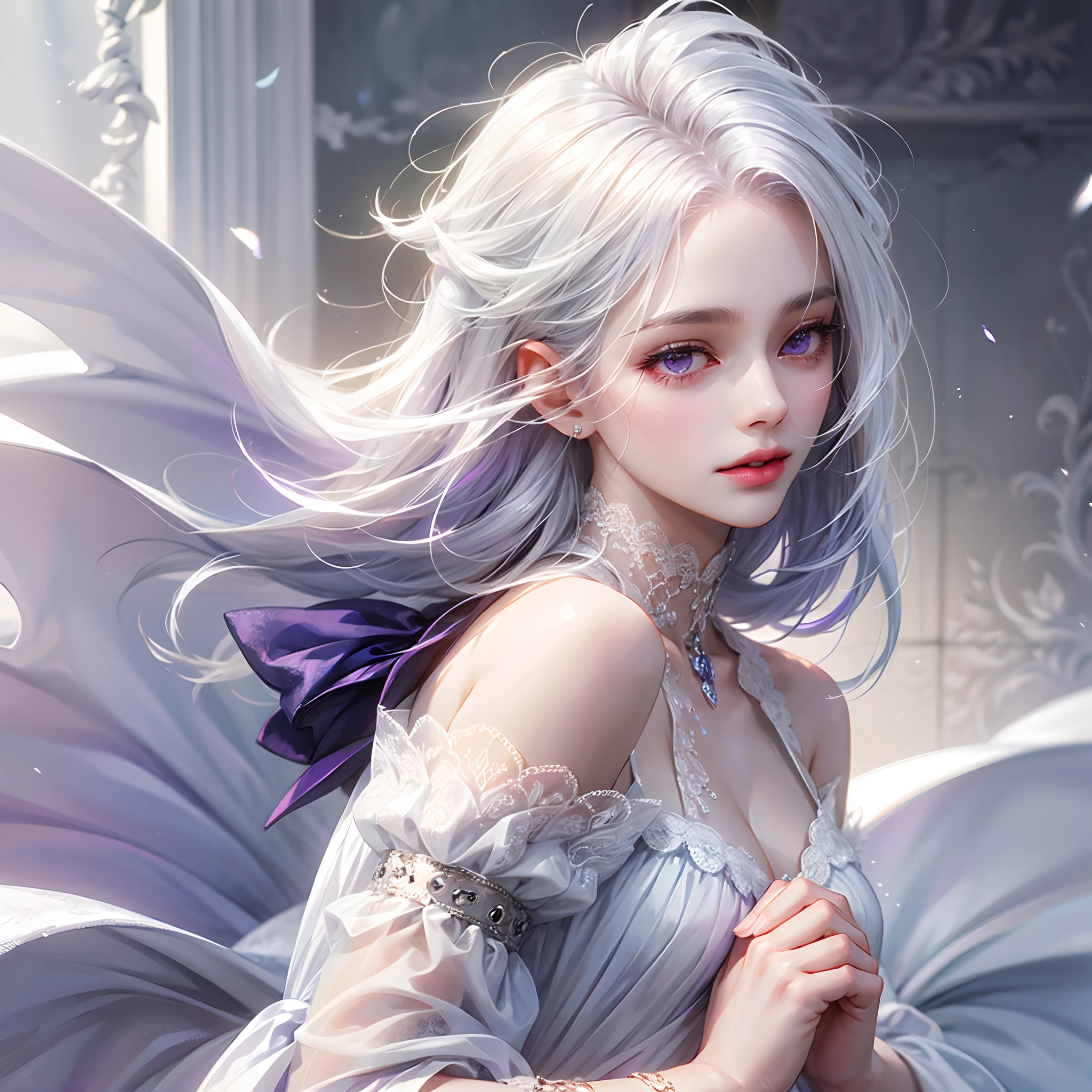 a women, white hair, purple eyes, white dress