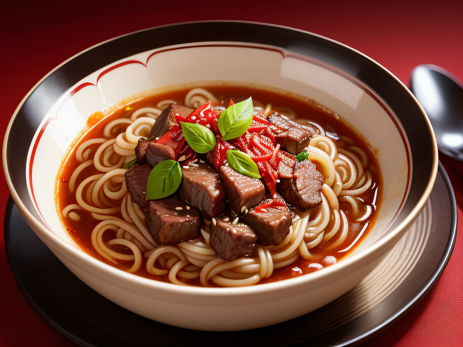 A food photo of Sichuan-style beef noodles,For Sichuan cuisine,The beef noodles are served in a quaint porcelain bowl,Combine chopsticks,Piping hot,Micro-distance shooting,Astigmatism desktop background,Highlights,Commercial photography,Realiy,hyper HD