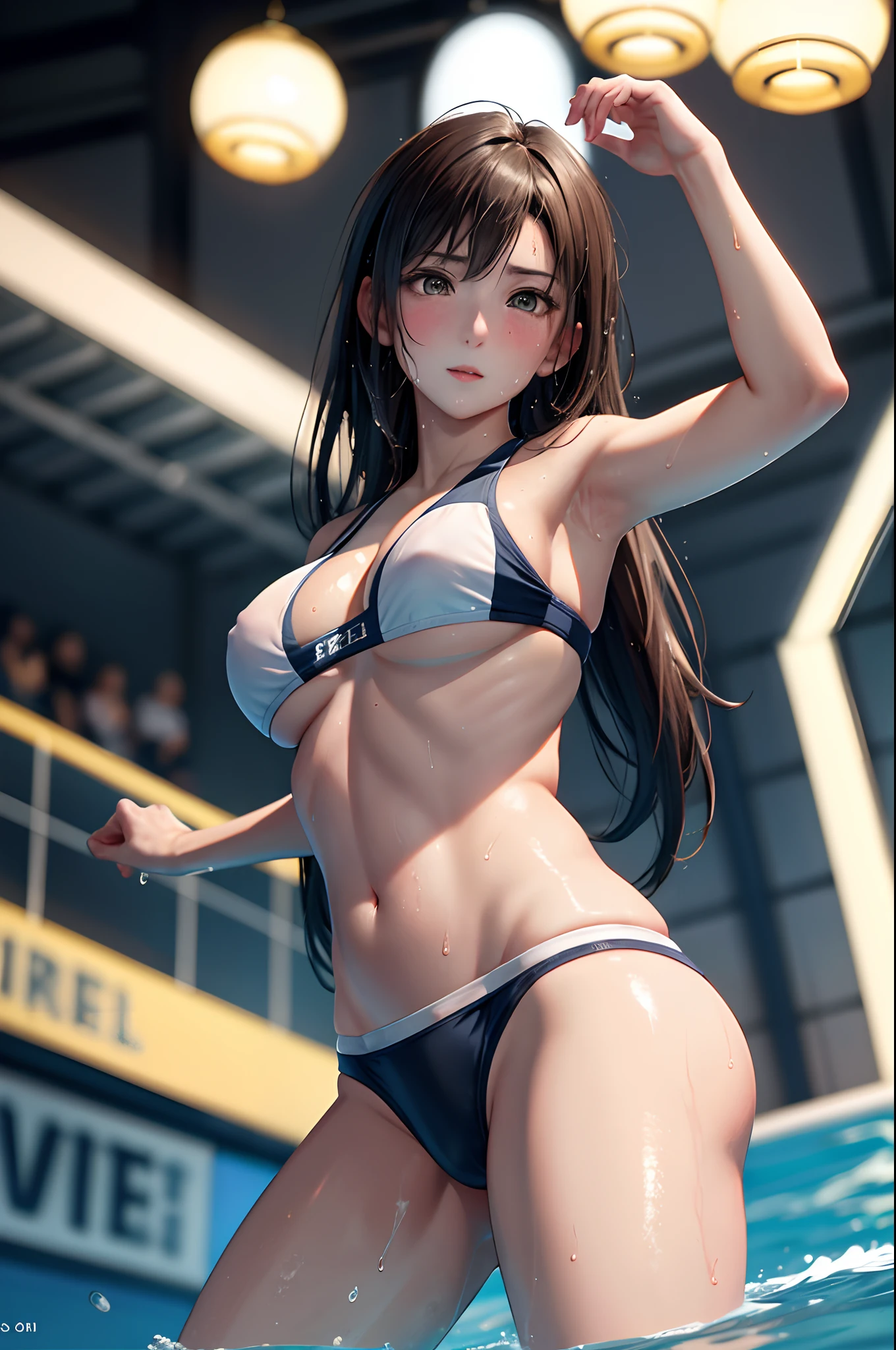 (Best Quality,8K,hight resolution,masuter piece:1.2),Ultra-detailed,Realistic:1.37,Portrait,Dynamic Angle,(Female Water Polo Players) , girl,small head,Cute,Sporty,Charming face,Detailed beauty face,Very realistic skin,Wet skin,Sweat,Large breasts,nice legs ,Sporty,Water Polo Venues　,Cinematic lighting,