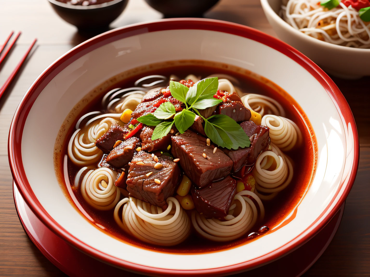 A food photo of Sichuan-style beef noodles，For Sichuan cuisine，The beef noodles are served in a quaint porcelain bowl，Combine chopsticks，Piping hot，Micro-distance shooting，Astigmatism desktop background，Highlights，Commercial photography，Realiy，hyper HD