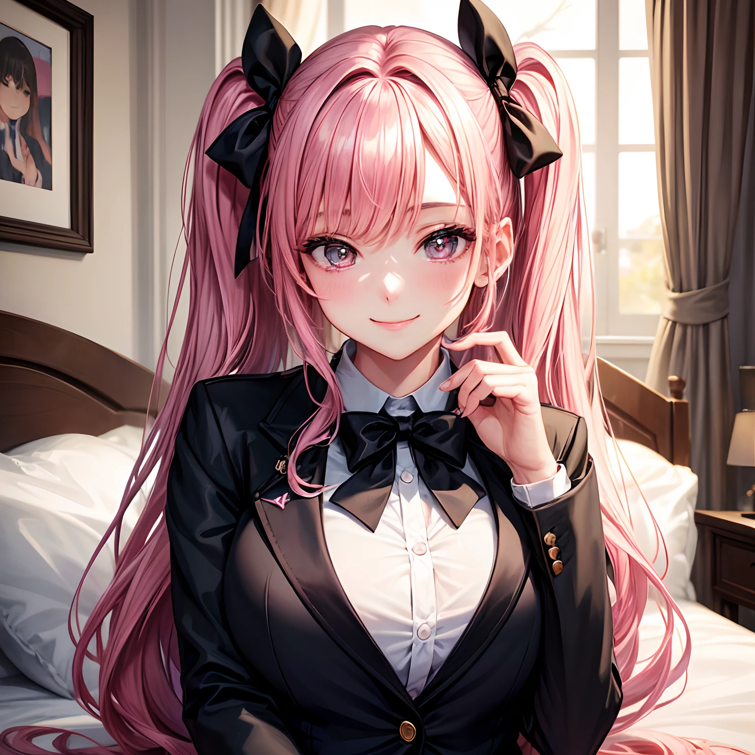 Anime girl with pink hair and black bow tie sitting on a bed - SeaArt AI