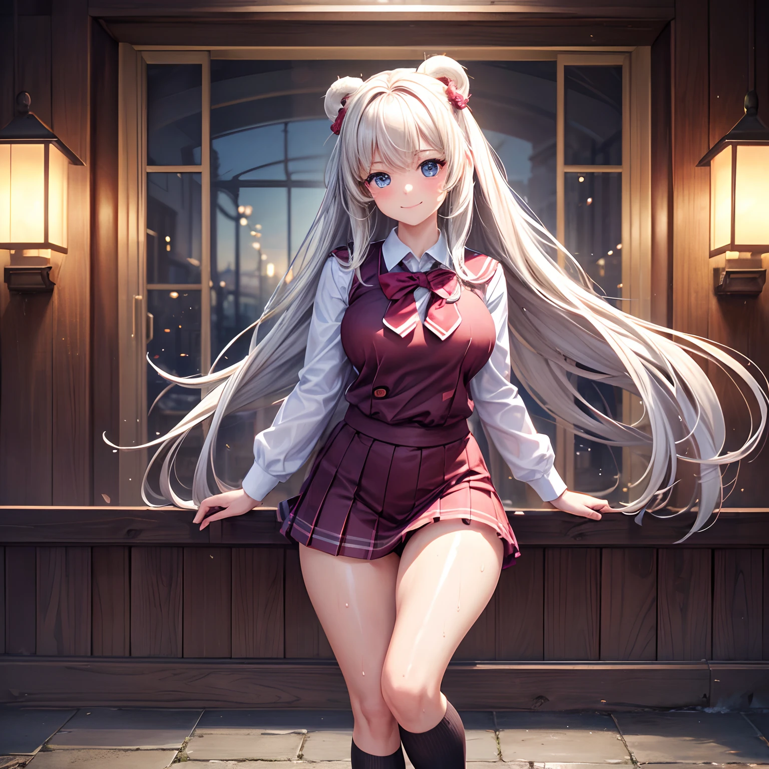 (8K), (Best Quality: 1.2), (Realistic), (Photorealistic: 1.37), Ultra high definition, 1 girl, Cute, Smile, Closed mouth, Beautiful details, Beautiful nose, Full body, Wet hair, Colossal Dalsepho, pork meat, School uniform, thighs thighs thighs thighs