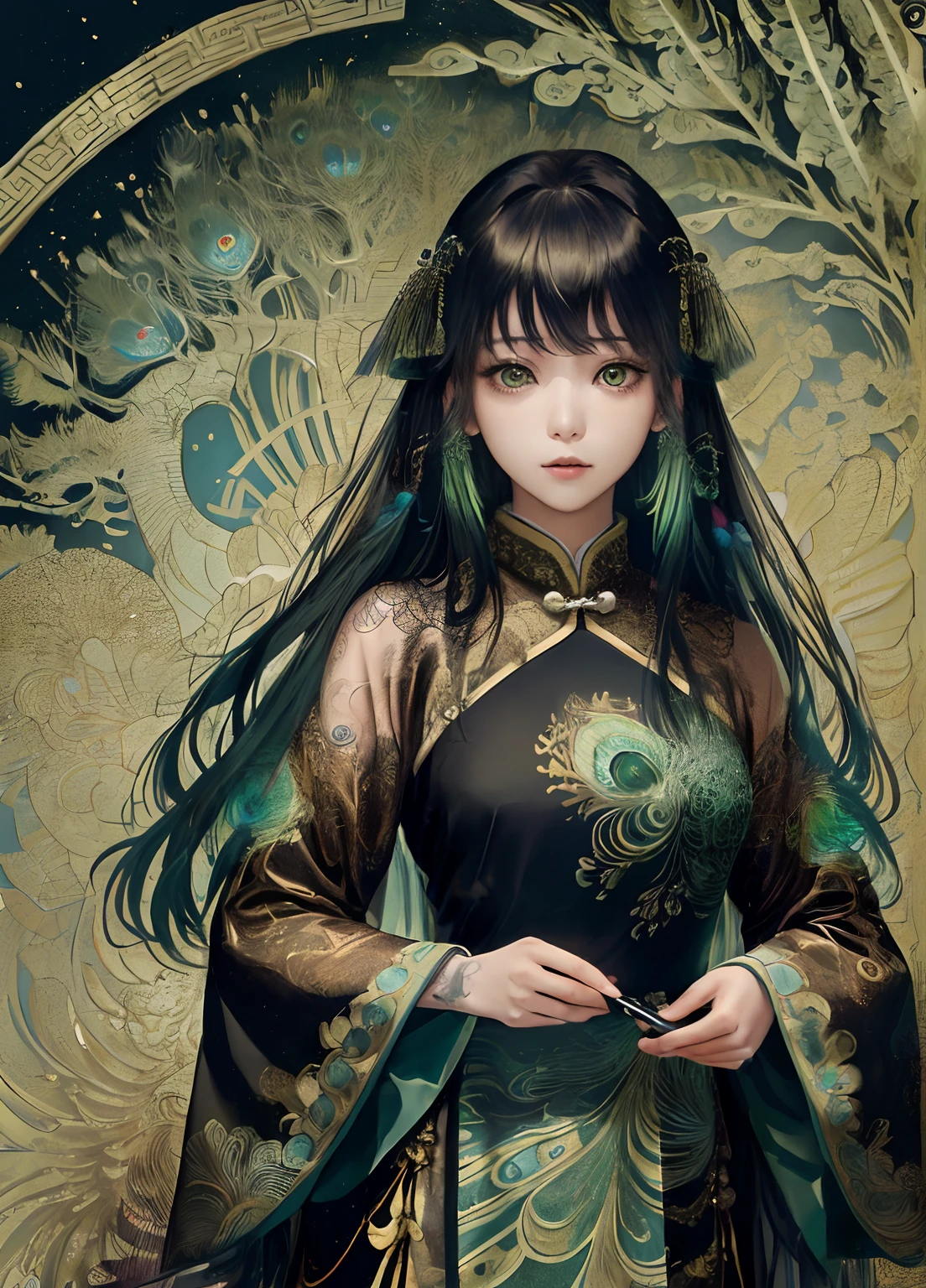 (by Yuko Higuchi:1.4)，Higuchi Yuko,(by Yoh:1.2),(masterpiece,best quality,官方艺术,美丽和审美:1.2),(ultra-detailed),finely detail,best illustration,hand drawn high quality,(High contrast),(clean lines:1.3),(lineart),line drawing,(Intricate lines),ligne claire,fractal art,pen drawing,tattoo,(portrait,above the chest,extremely close-up:1.1),1girl,solo,(black long straight hair),green eyes,ancient Chinese clothing,Traditional Chinese Dress,(She is surrounded by peacock feathers),peacocks,(Intricate details),(detailed background:1.2),(colorful:1.0),High Resolution
