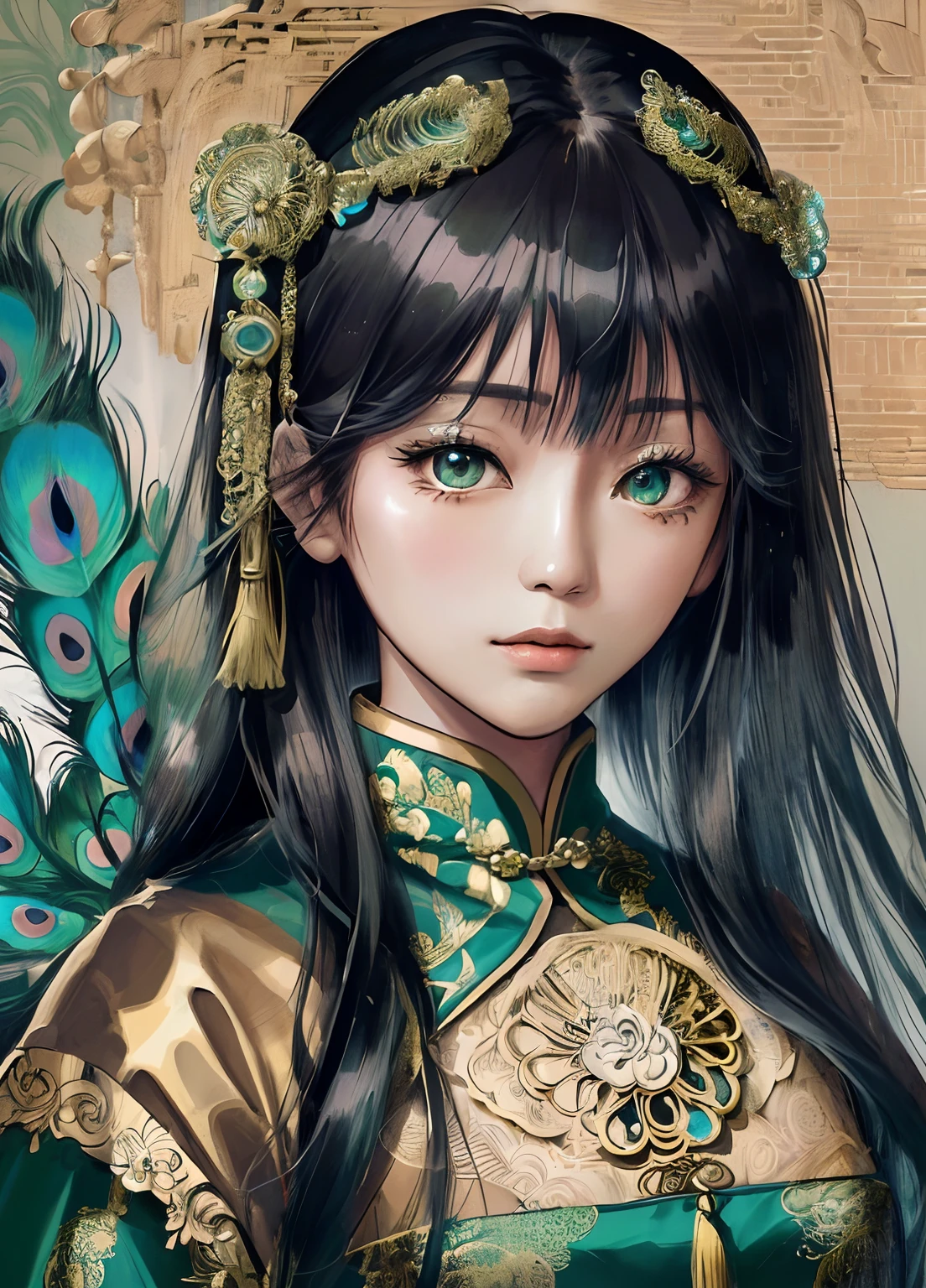 (by Yuko Higuchi:1.4)，Higuchi Yuko,(by Yoh:1.2),(masterpiece,best quality,官方艺术,美丽和审美:1.2),(ultra-detailed),finely detail,best illustration,hand drawn high quality,(High contrast),(clean lines:1.3),(lineart),line drawing,(Intricate lines),ligne claire,fractal art,pen drawing,tattoo,(portrait,above the chest,extremely close-up:1.1),1girl,solo,(black long straight hair),green eyes,ancient Chinese clothing,Traditional Chinese Dress,(She is surrounded by peacock feathers),peacocks,(Intricate details),(detailed background:1.2),(colorful:1.0),High Resolution