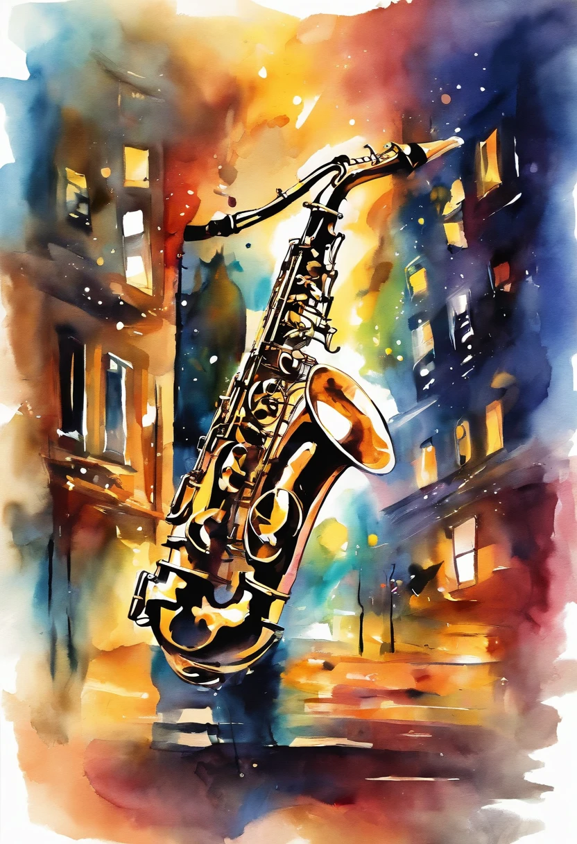 3d watercolor abstract,dark background, saxophone in the street of a deserted night lit city