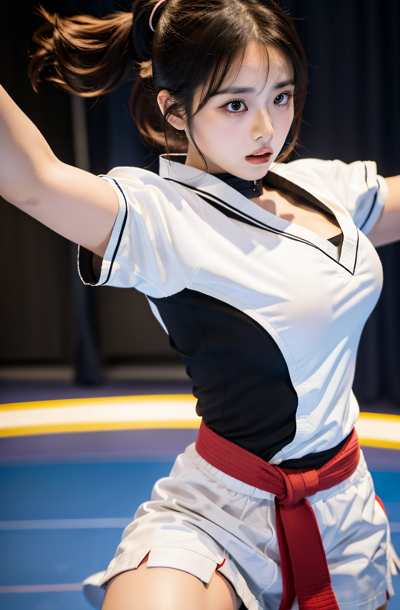 Realistic, 8k, 1girl, long white black hair, (japanese, 23 year old:1.5), sweated:1.8,japanese,((white sporty cheerleader uniform costume:1.5)),(sexy white frilled bite bloomers:1.4),standing on one leg,leg_lift standing_split,((furrowed brow:1.5)),(closed eyes:1.5),thick eyebrows,(cry:1.6),(open wide mouth:1.6),((screaming:1.6)),(anger:1.4),sad,(blash:1.5), slender ads:1.3, (nsfw,BDSM,rope shibari over clothing:1.5), tuned abs, thighs,