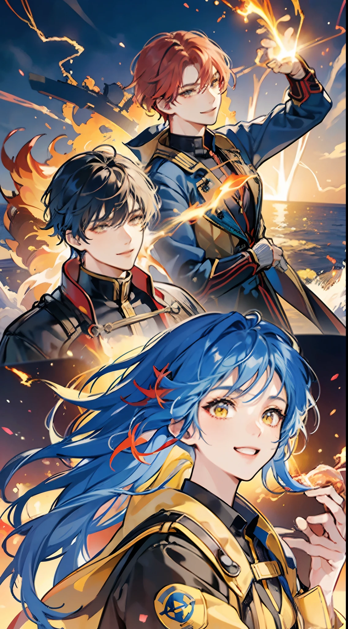 Bonds with peers,Kizuna element,Three young men and women depicted in detail,Detailed smile,Smiling smile,Emotional component,Fire, Water and Thunder,Flame Effect,Water Effect,Lightning Effect,Detailed red hair,Detailed blue hair,Detailed yellow hair,