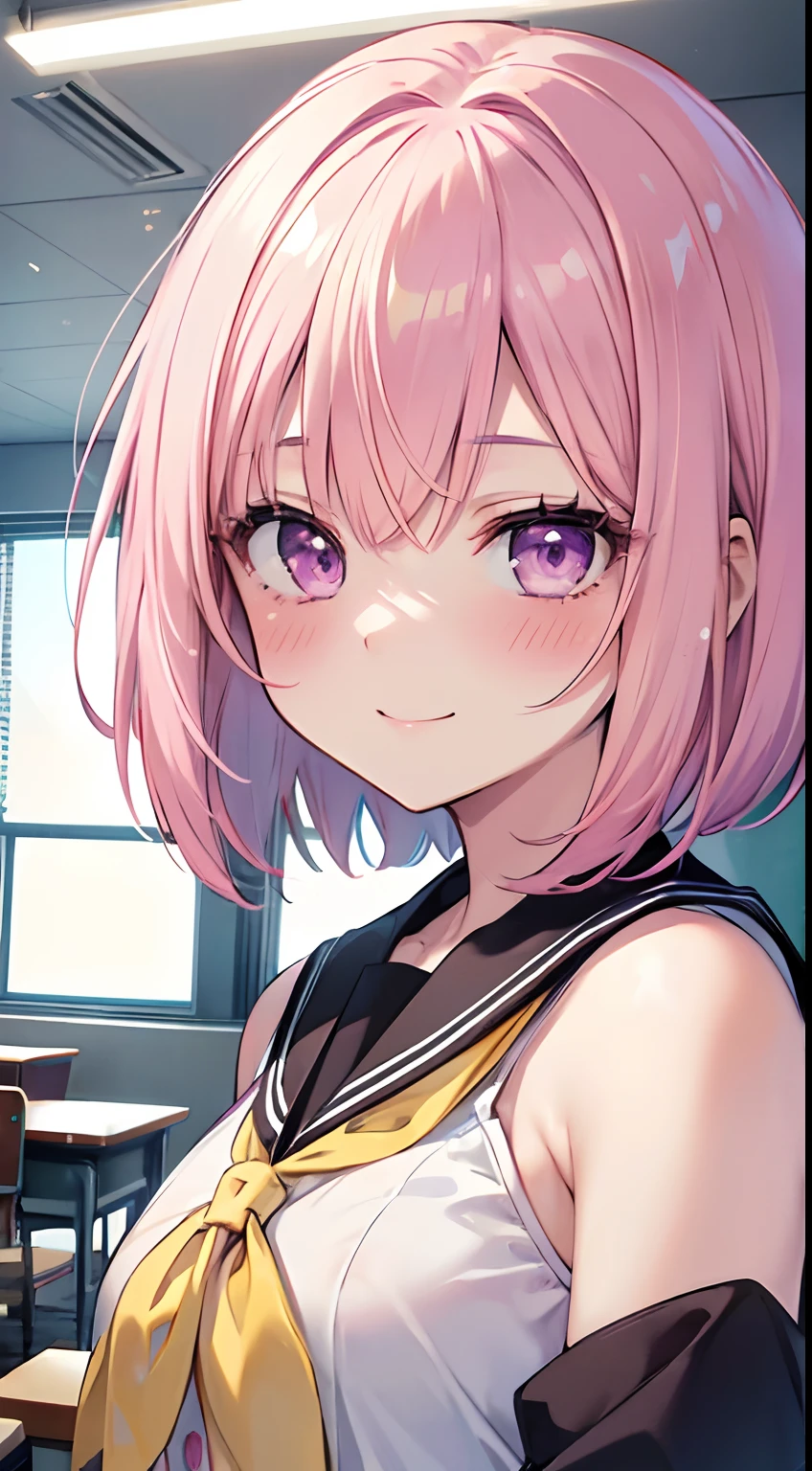 (best quality:1.1), (masterpiece:1.4), (absurdity:1.0), portrait, close-up, 1girl, momo velia deviluke, hair ornament, bob cut, short hair pink hair, purple eyes, medium breasts , yellow school uniform, looking at viewer, classroom, (blush:1.2), smile,