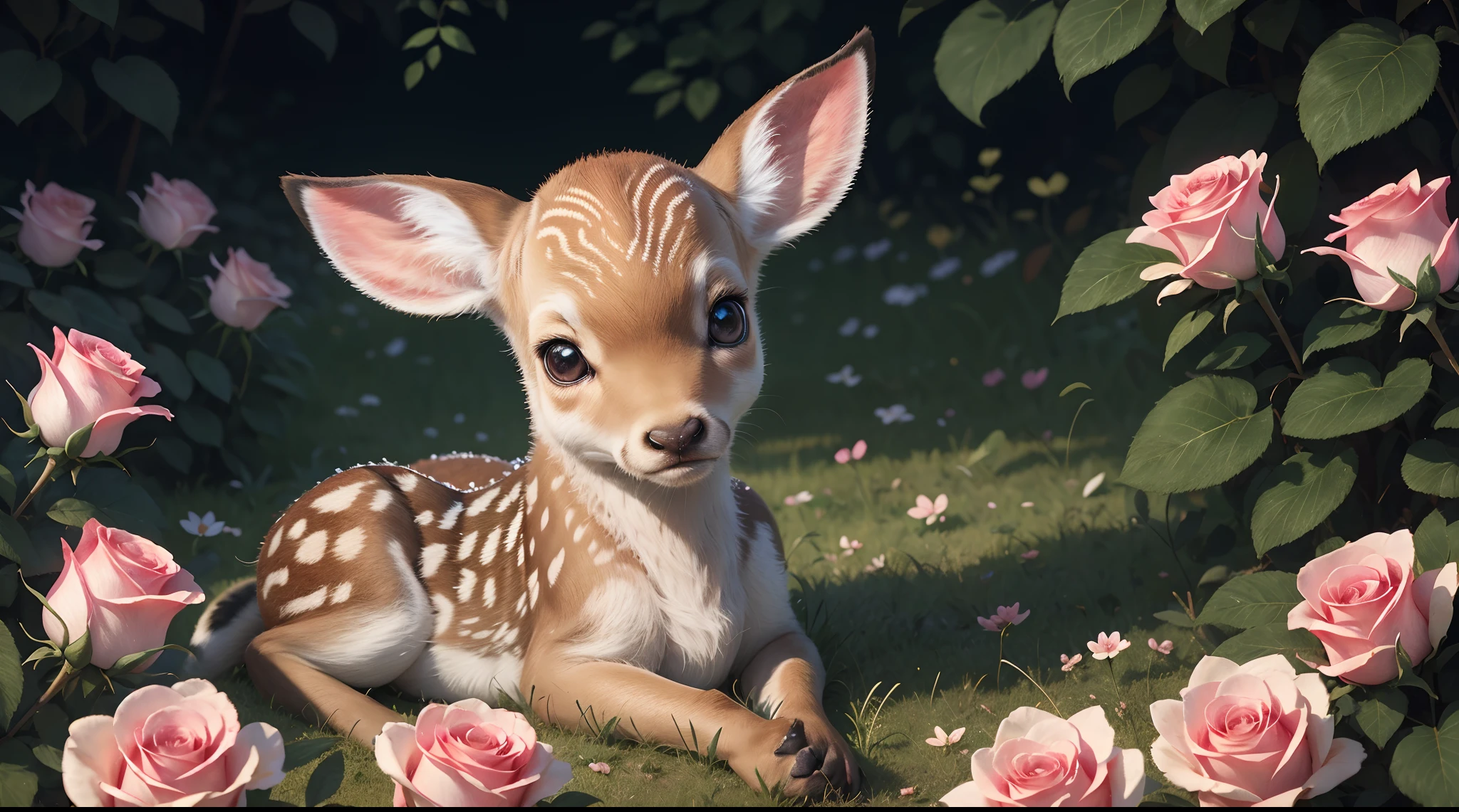 Best quality, masterpiece, ultra high res, a kawaii illustration of a fawn in roses