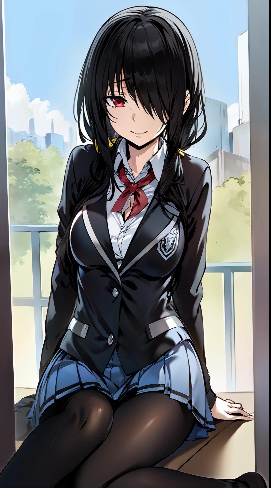 2D, HD, Detailed details, Detailed landscapes, beautiful lights, Beautiful Shadows, top-quality, Highly detailed, masterpiece, best quality, solo, 1girl, bbkurumi, long hair, low twintails, hair over one eye, school uniform, blazer, black jacket, pleated skirt, blue skirt, black pantyhose, looking at the viewer, anime-styled, breasts, close mouth, hews, smlie, full body,