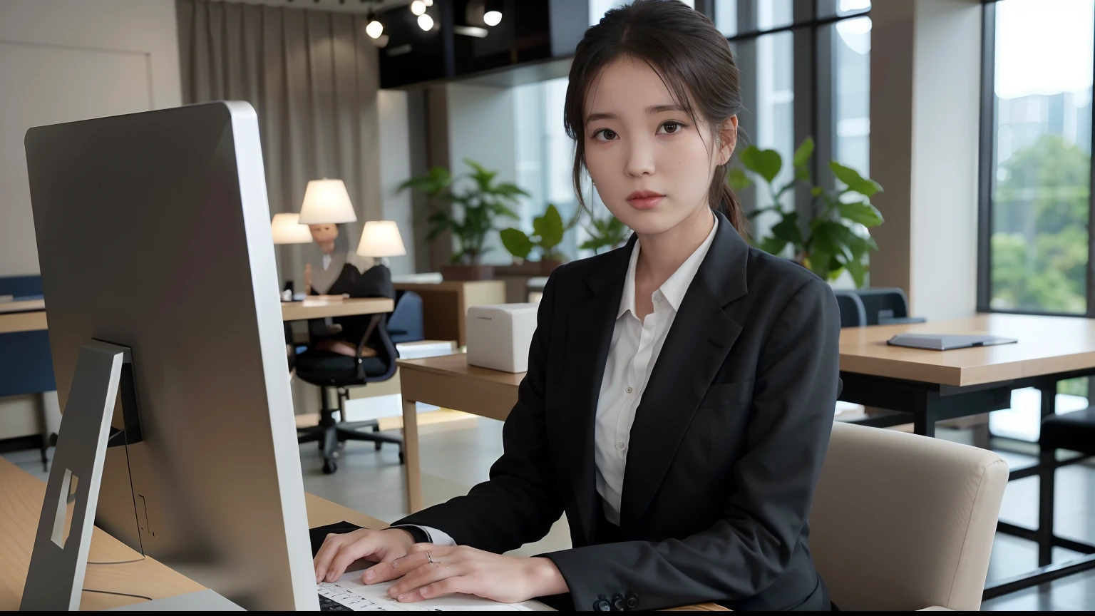 Woman in business clothes sitting at desk with computer, In front of a computer, Woman in business suit, young business woman, female lawyer, well lit professional photo, Woman in black business suit, sitting at a computer desk, sitting in front of a computer, sitting in front of computer, professional image, Korean Woman, elegant japanese woman, businesswoman