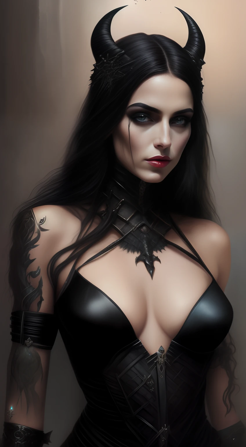 Woman wearing a black corset with horns and a strangulation, seductive cyberpunk dark fantasy, dark fantasy mixed with realism, Dark fantasy portrait, in style of dark fantasy art, dark fantasy style art, gothic fantasy art, Retrato de una diosa oscura, Dark Gothic Queen, goth woman, inspirado por Brom, dark fantasy art, Al estilo de Anne Stokes mirando de frente