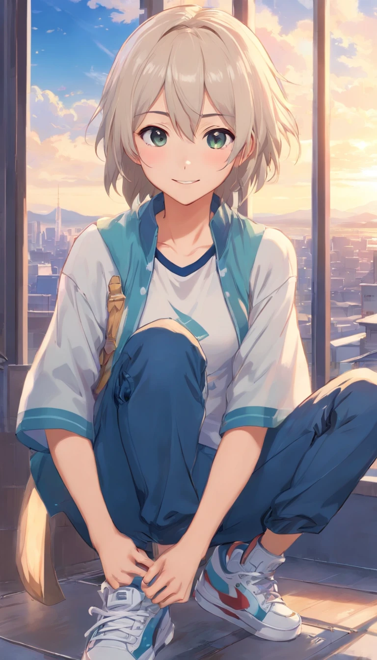 best qualtiy, tmasterpiece, 超高分辨率, realisticlying, 1 boy,(long white hair),Heterochromic pupils,(Samurai head:!),(ssmile)(Gaze on the cheeks)(There are scars from fights on the face),Messy shirts,denim pant,athletic sneakers,window,wide angles