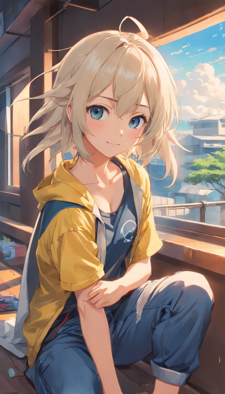 best qualtiy, tmasterpiece, 超高分辨率, realisticlying, 1 boy,(long white hair),Heterochromic pupils,(Samurai head:!),(ssmile)(Gaze on the cheeks)(There are scars from fights on the face),Messy shirts,denim pant,athletic sneakers,window,wide angles