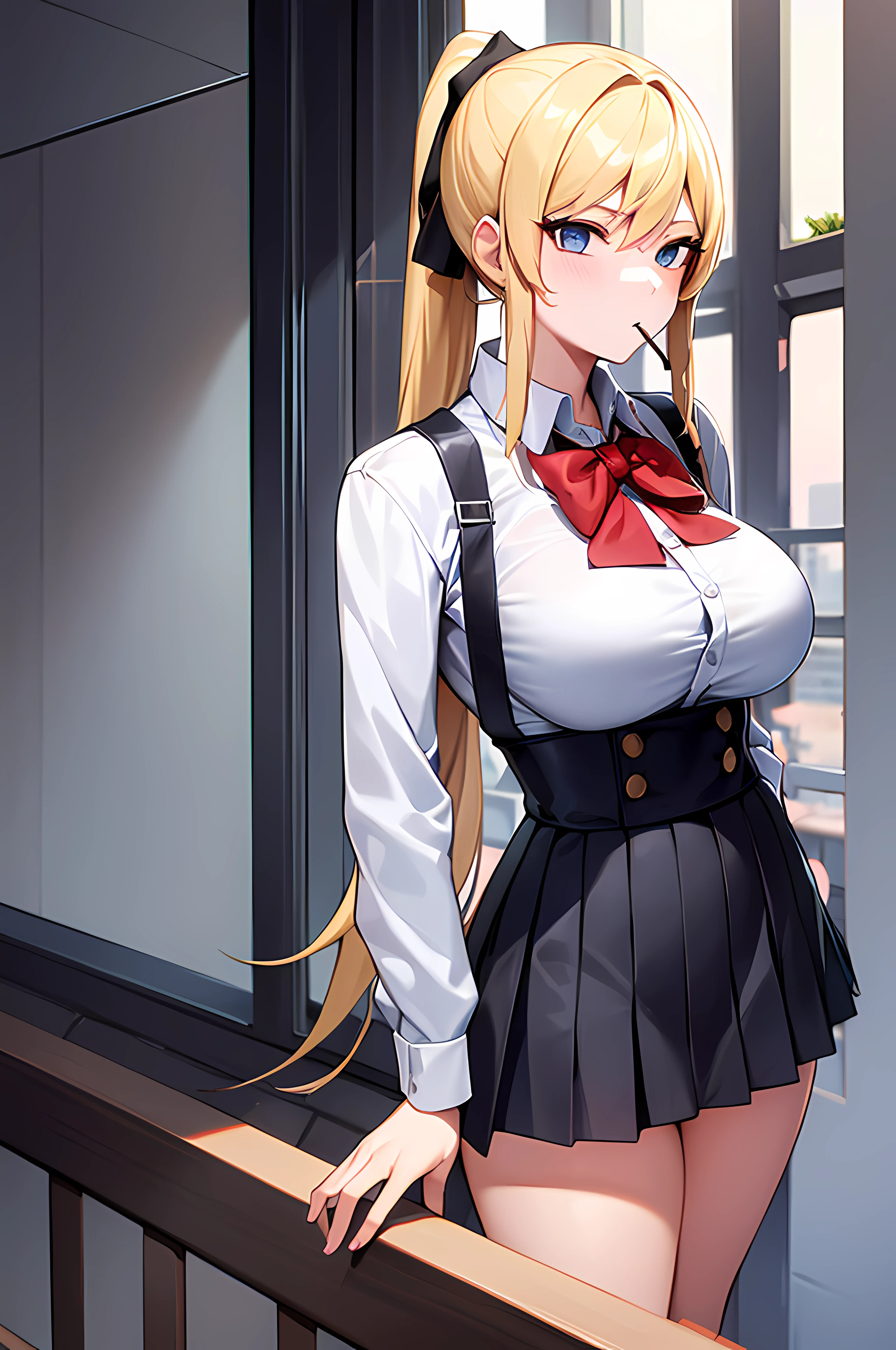 girl with a blonde long ponytail, has a cigarette in her mouth, wearing a school uniform, standing on a balcony, medium boobs, high-waisted panties, 8k, masterpiece, high quality