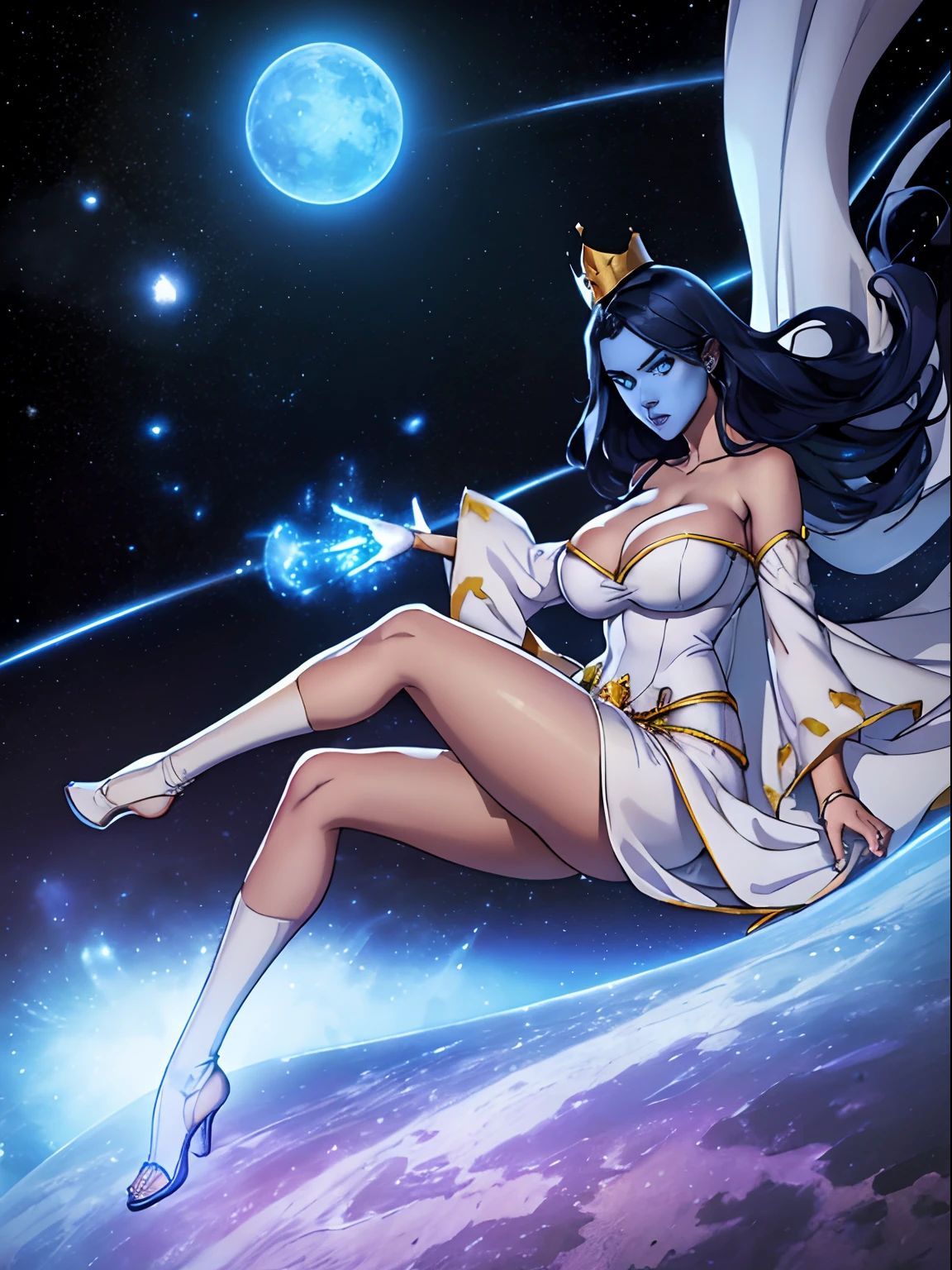 (masterpiece, top quality, best quality, official art, beautiful and aesthetic:1.2), (1girl:1.3), dark blue hair in braid, extremely detailed, portrait, looking at viewer, solo, (full body:0.6), detailed background, close up, (cool science fiction space theme:1.1), ((((blue skin)))), extremely busty sorceress, charlatan, mysterious, casting spells in space, four arms, revealing white and gold robes, fingerless gloves, long gloves, glowing magical energy, white blindfold, elaborate headdress, golden ceremonial winged crown, sheer white fabric, elegant robes, skirts, streamers, cowl, cape, sandals, bracers, ((((four arms, gigantic breasts, cleavage, skindentation)))), slim waist, slim hips, long legs, athletic, SPACE, futuristic moon, (space exterior:1.1) background, dark mysterious lighting, shadows, magical atmosphere, dutch angle