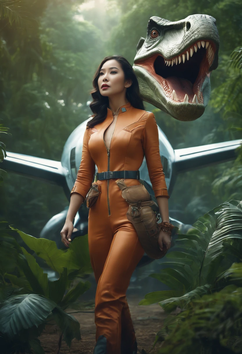 Beautifull Asian woman pose with dinosaur wearing futuristic suit landing from a UFO ship in the sky ,front side, embarking on a treasure-hunting expedition in a prehistoric jungle, wide angel view,smooth, epic composition, hyperrealism,