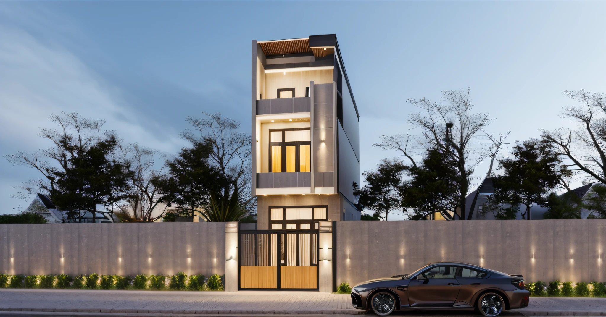 Exterior, morden house, sunset , (RAW photo, real, best quality, masterpiece:1.2), look morden minimalist, 1 road in front of the house, shime ring light, light brighteness from indoor:1.2, dynamic lighting:1.3, (hyper realistic, photo-realistic:1.2)