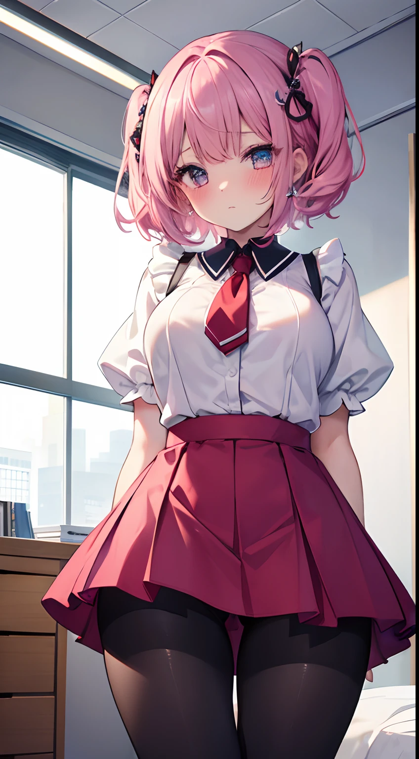 (top quality:1.1), (masterpiece:1.4), (nonsense:1.0), portlate, a close-up, 1girl in, adult body、Momovelia Deviluk、hair ornaments、bob cuts、Big hair pink hair, blue on the back of the head、one black eye、big chest、((Cute blouse))、looking at spectators、bedroom、(red blush:1.2)、embarrassed expression、((tights)), thick legs, thick thighs、in beds、((all four))、((tight skirts))、((office worker))