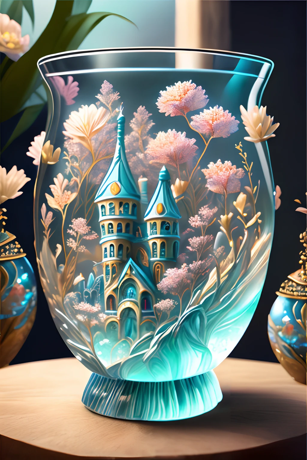 Best quality,4K,8K,HD uncensored pirated masterpiece:1.2,super ultra detail,Photorealistic as photorealistic,photo-realistic:1.37,Fantasy world,Enchanted,Imaginative and fictional,Showcase a landscape where medieval and futuristic civilizations converge,Ceramic craftsmanship,Intricate glass castle,Magnificent castle,Verdant garden,Spectacular ceramic vases painted with delicate textures and gorgeous flowers,Sparkling magic gemstones,A transparent crystal ball,Mysterious fairyland creatures,Magnificent portals,Fantastic ambience,Mysterious light illuminates beautiful fantasy scenes,Bringing viewers amazed and shocking visual enjoyment。