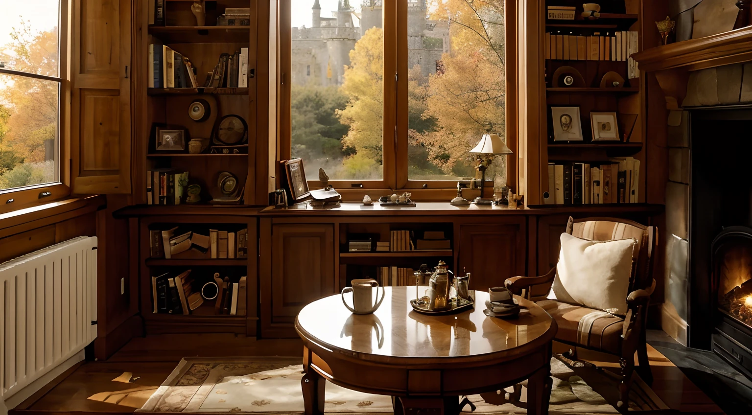 autumn cozy castle room, with a cozy bookshelf, coffee can and coffee cup over the table, just one side fireplace, there's a big window to the castle garden