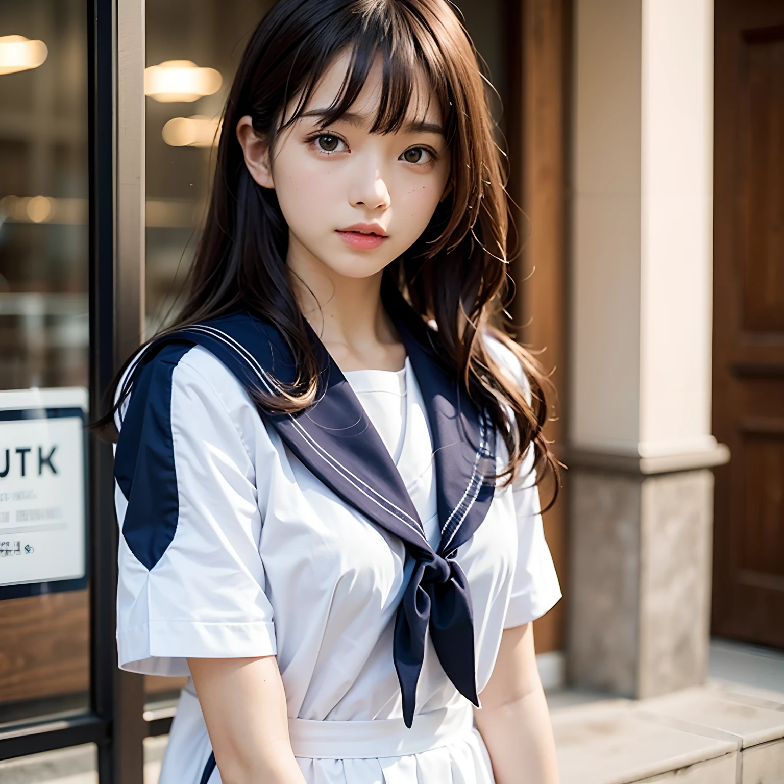 (masutepiece, Best Quality:1.2), 8K, Pull up the skirt with your hands、Official art, Raw photo,Angle from directly below、Pull up the skirt、Beautiful skin、embarrassed from、Taken from directly below、Full Bord Bill Four、White panties、Cute little girl s、、skinny、14years、unbelievable Ridiculous, (Upper body, a sailor suit、校服:1.4), Beautiful Girl, Pretty Face, arching back down,、a blond、bob、Short sleeve, violaceaess, Teen, Looking at Viewer, Film grain, chromatic abberation, Sharp Focus, face lights, Dynamic lighting, Cinematic lighting, Eyes and faces with detailed, Bokeh background,